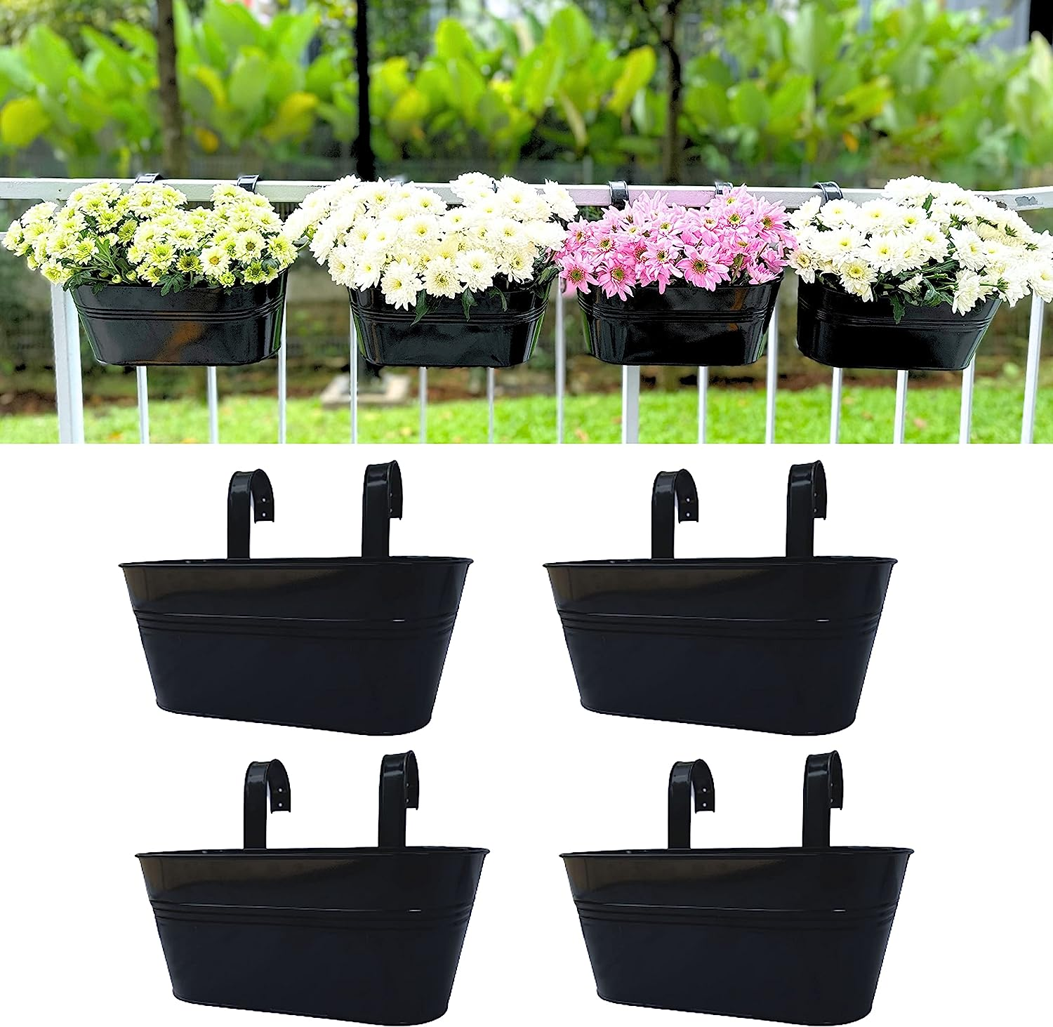 L&aacute;l&aacute;green Outdoor Rail Planter - 4 Pack, 11 Inch Black Metal Iron Hanging Flower Pots Deck Railings Fence Buckets Modern Countryside Boho Style Wall Mount Window Box Plant Holder Hooks Porch Decor image number 1