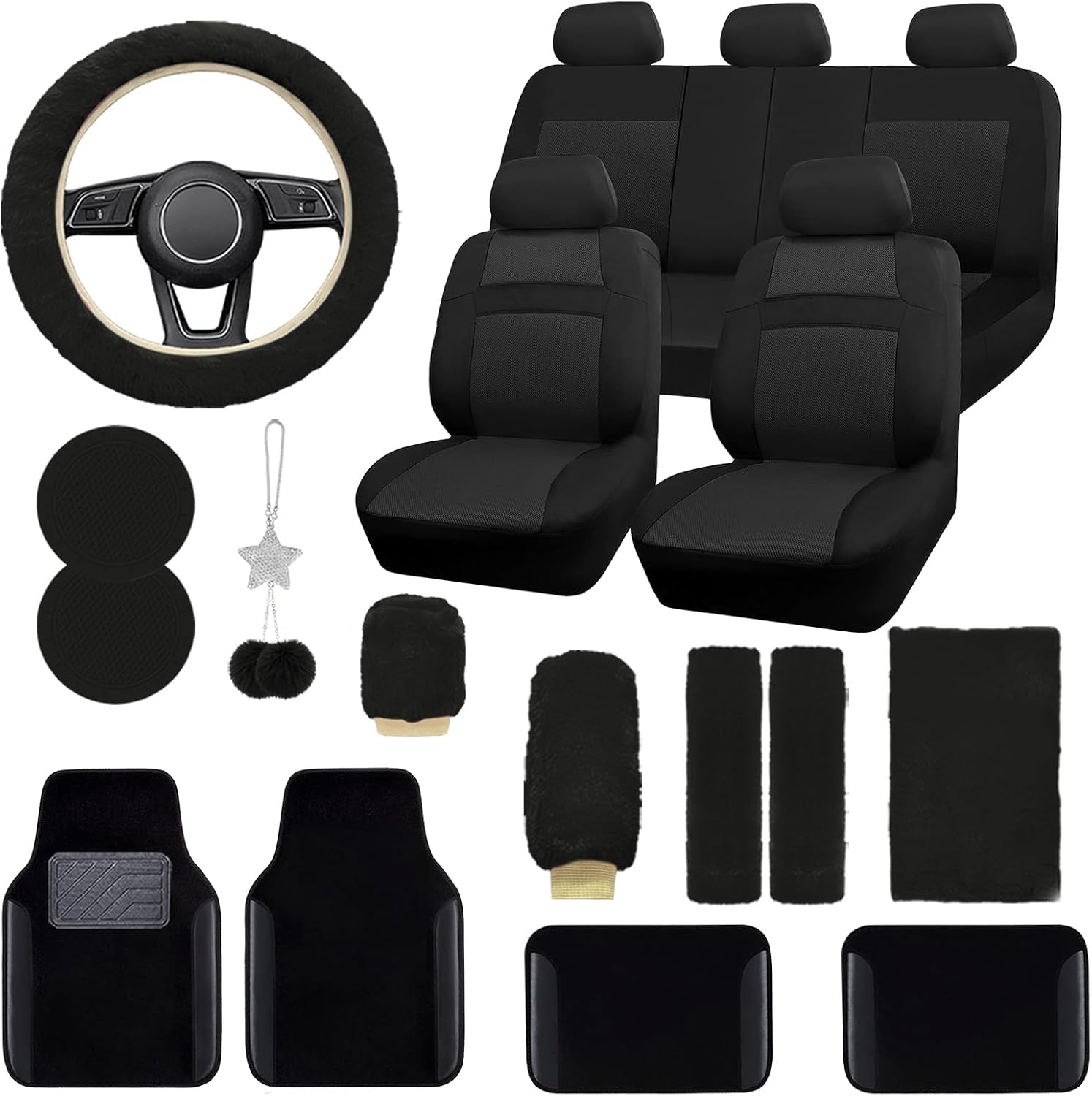 Car Seat Cover Full Set for Women with Waterproof Floor Mats,3D Air Mesh Car Seat Cover with 5Mm Composite Sponge Inside,Universal Fluffy Steering Wheel Cover, Accessories Full(Black)