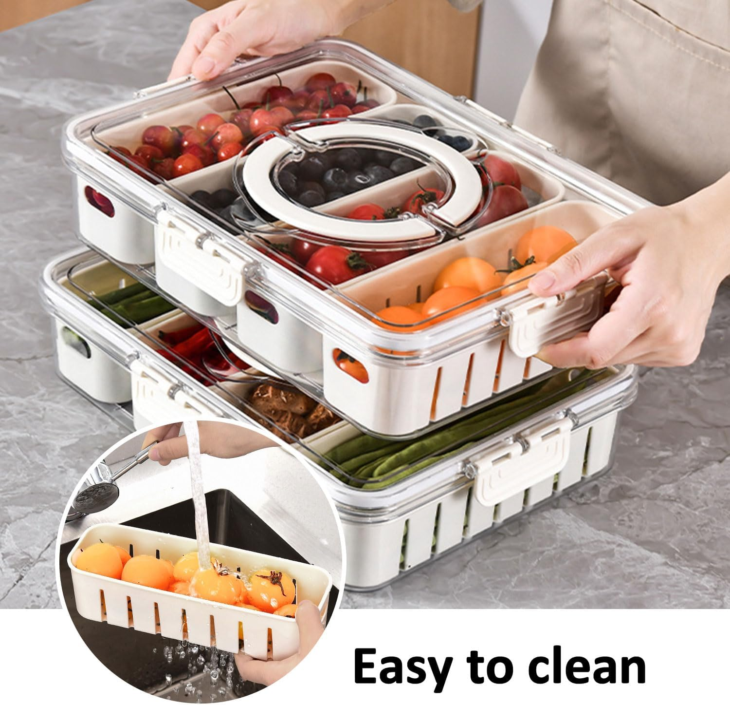 Divided Serving Tray with Lid and Handle, Storage Containers for Fridge, Snack Platters Organizer, Fruit Plate, Fresh -Keeping Box Is Suitable for Fruits, Vegetables, Refrigerators, Picnics (4 Grid) image number 4
