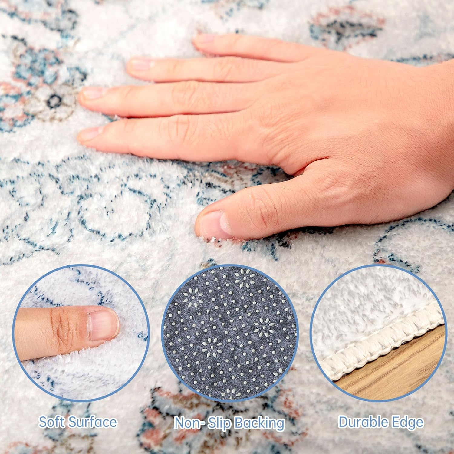 Leesentec Vintage Area Rugs for Living Room Soft Non-Slip Persian Rug Retro Floral Accent Carpet Extra Large Rugs for Bedroom/Dining/Office/Nursery Boho Home Decor (Blue/Grey/Beige，200 X 300Cm) image number 5