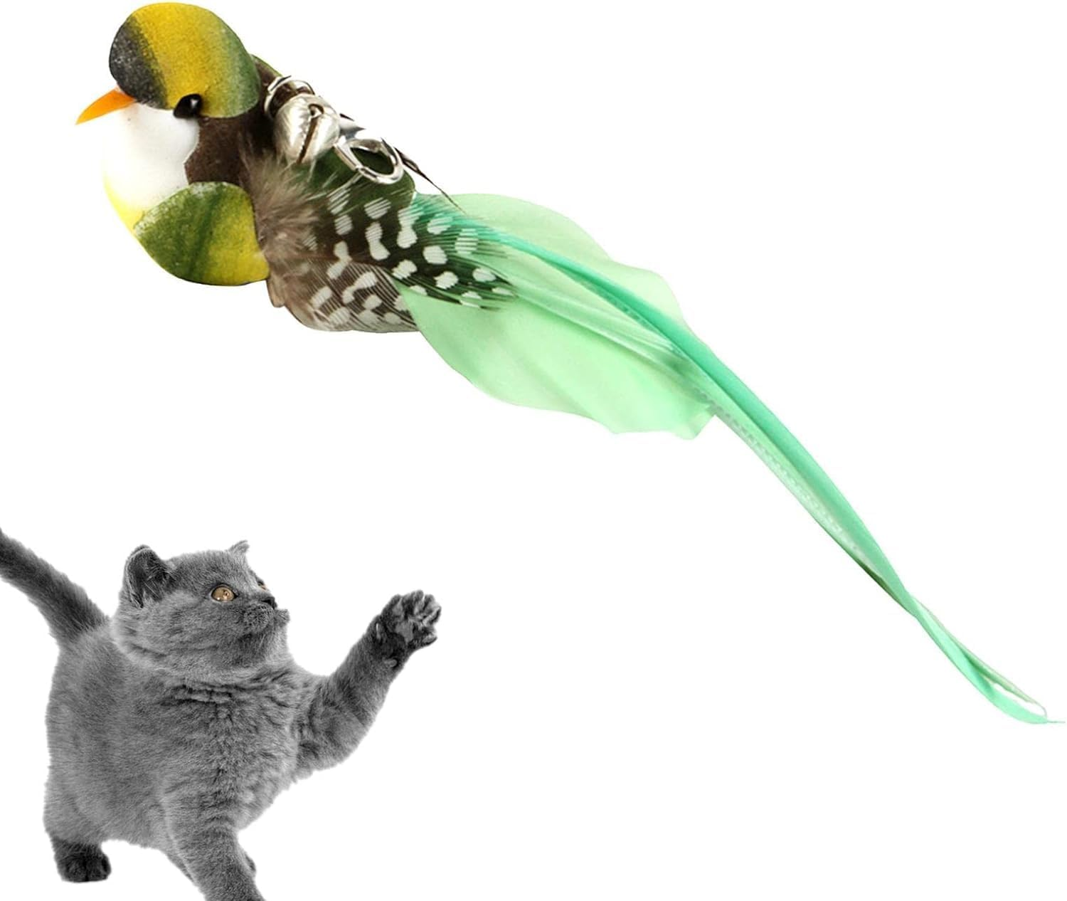 Squarezhenbo Green Bird Cat Toy for Indoor Cats, Cat Toy Wand, Refills, Bird Replacement Head with Bell - Handmade Cat Toy Bird Replacement for Cat Wand, Cat Toy, Feather Toy image number 4