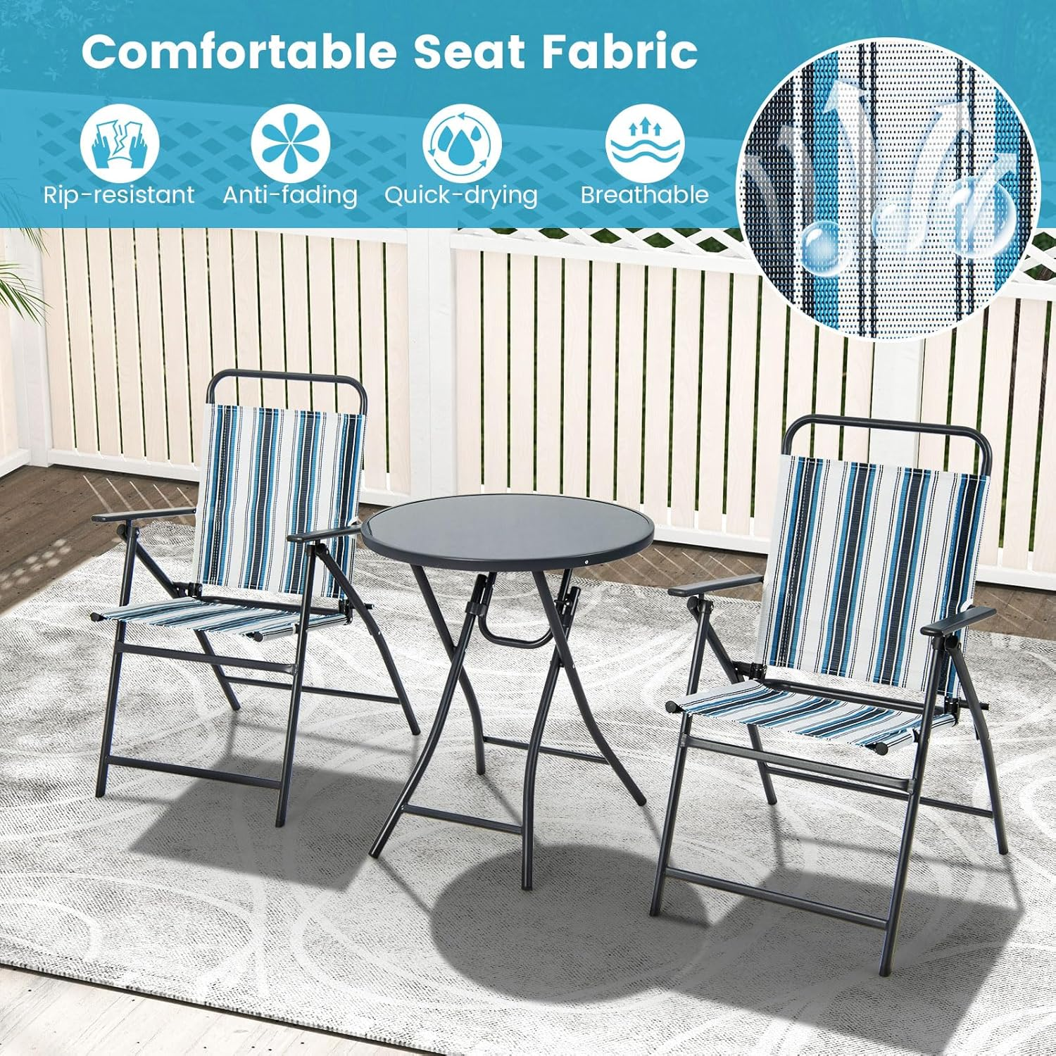 Costway 3 Piece Outdoor Folding Bistro Set, 2 Folding Chairs W/Folding Table, Heavy-Duty Metal Frame, Outdoor Dining Chair Set, Portable Folding Chair Set for Backyard, Poolside, Balcony image number 5