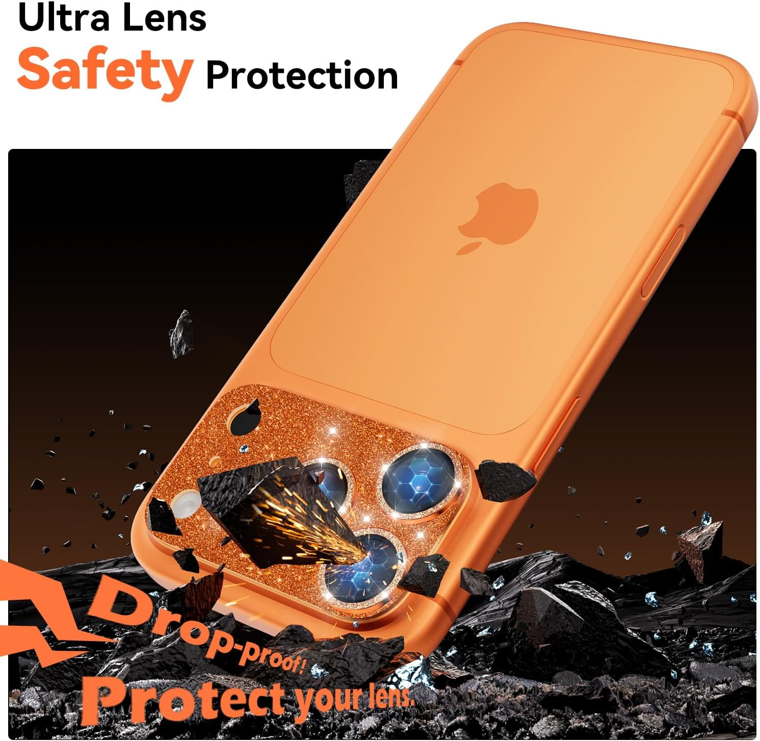 Imluckies Compatible with Iphone 17 Pro Max Camera Lens Protector Bling, Ultra HD Tempered Glass Shiny Diamond Camera Screen Protection, 9H Anti-Scratch & Easy Install, Glitter Orange image number 1