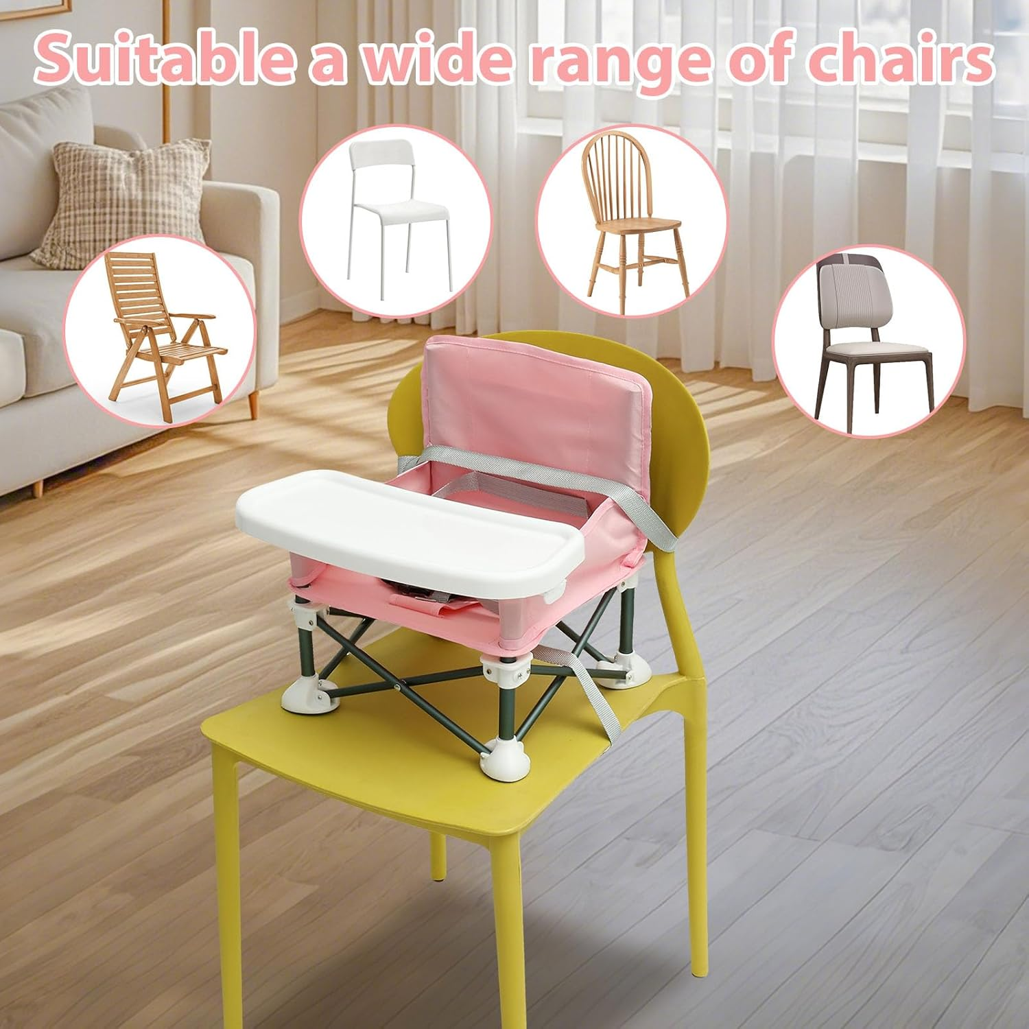 Baby Booster Seat Highchair, Portable Toddler Booster Seat High Chair with Child Safety Belt and Rear Storage Pocket Foldable Baby Floor Seat with Removable Feeding Tray for Indoor and Outdoor Use (Pink) - Grey image number 7