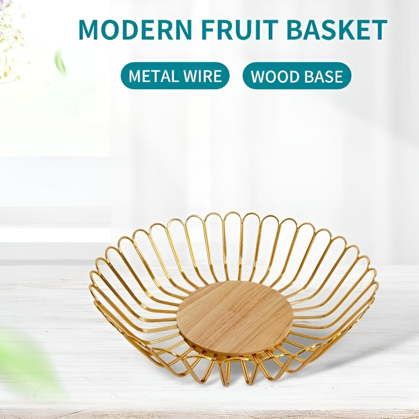 7UYUU Metal Wire Countertop Fruit Bowl Basket Holder for Kitchen | Gold Modern Storage Table Centerpiece with Wood Stand | Home Decor - 12 Inch (Gold) image number 4
