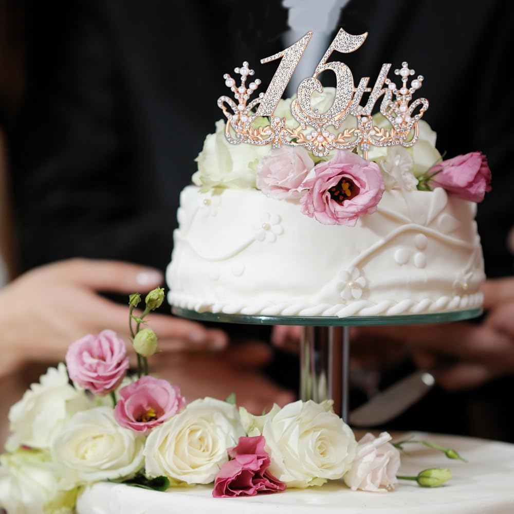 Lovelyshop Luxurious Diamond Gold Cake Topper for 15Th Birthday Celebrations and Quincea&ntilde;era-Large image number 2