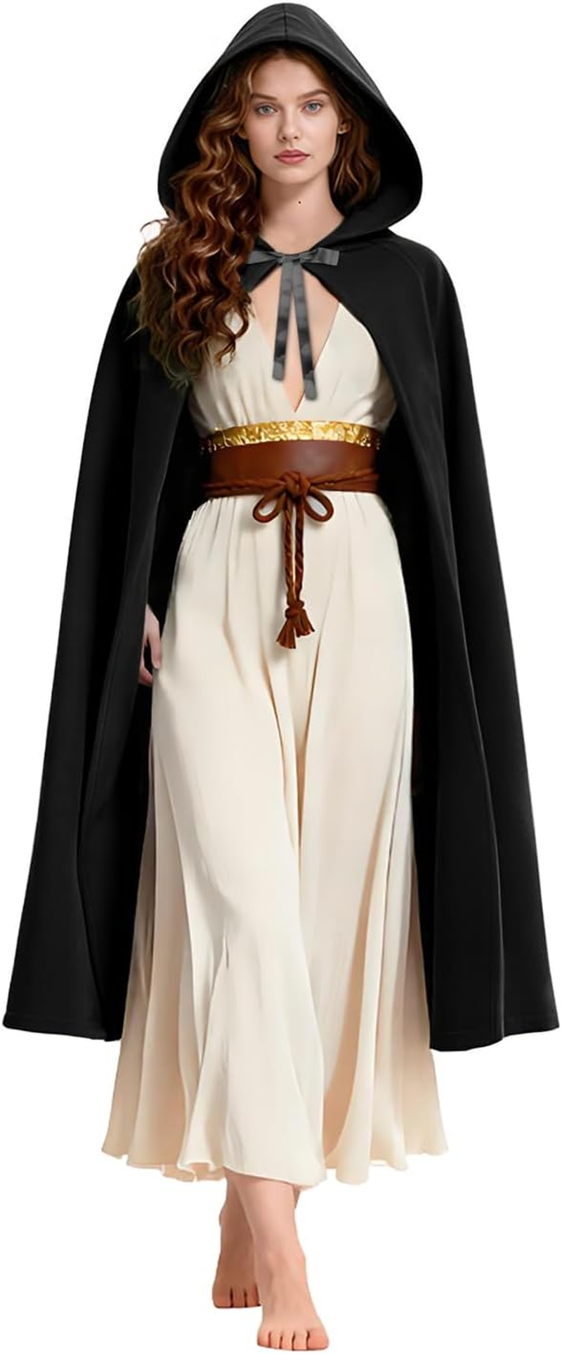 Black Renaissance Hooded Cape Witch Cloak with Hood Medieval Hobbit Halloween Costume