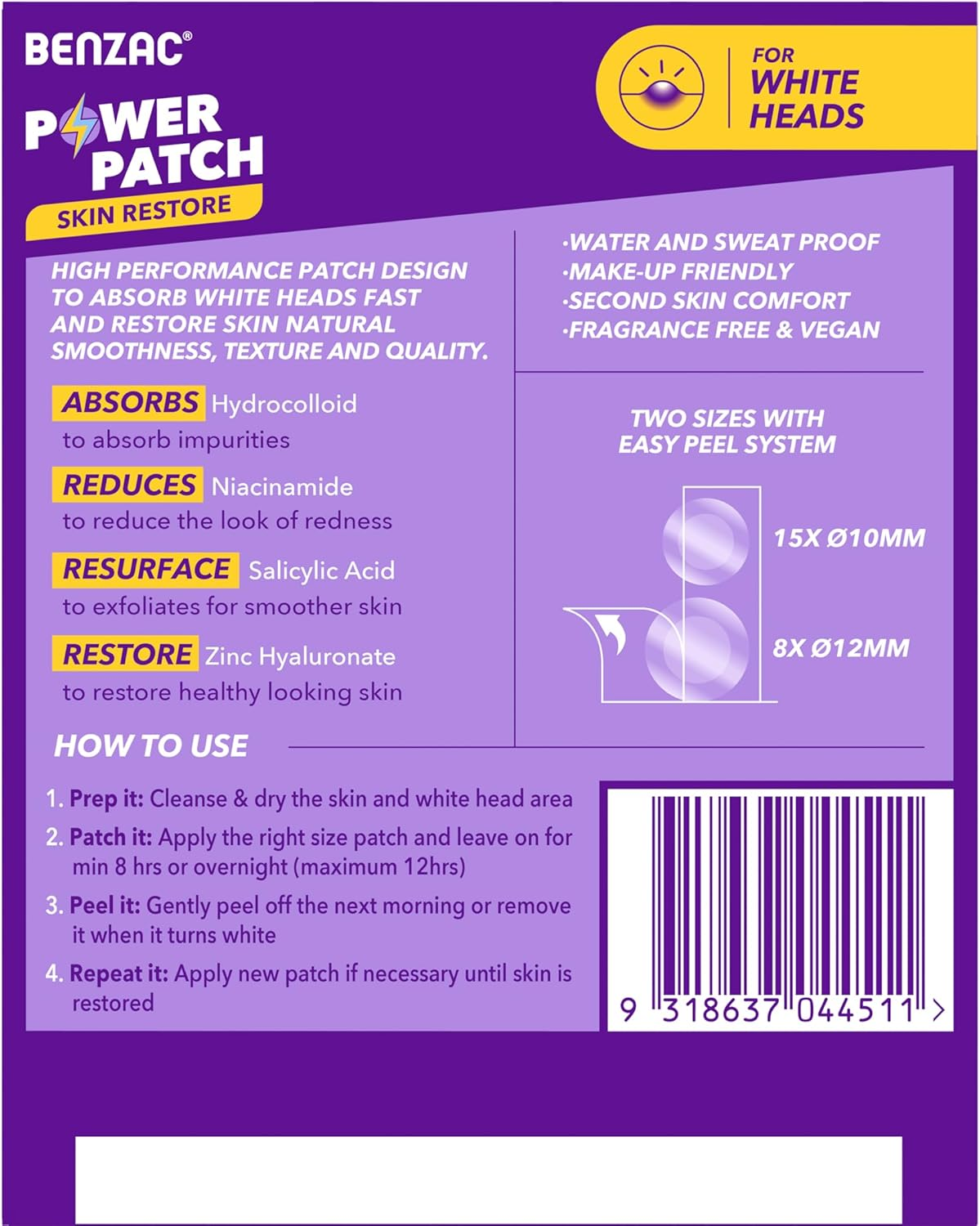 Benzac Power Patch Skin Restore, 23 Invisible Hydrocolloid Pimple Patches in 2 Sizes, 4-In-1 Hydrotech Formula Absorbs White Heads Fast & Restores Skin, Water and Sweat Proof, Make-Up Friendly, for All Skin Types