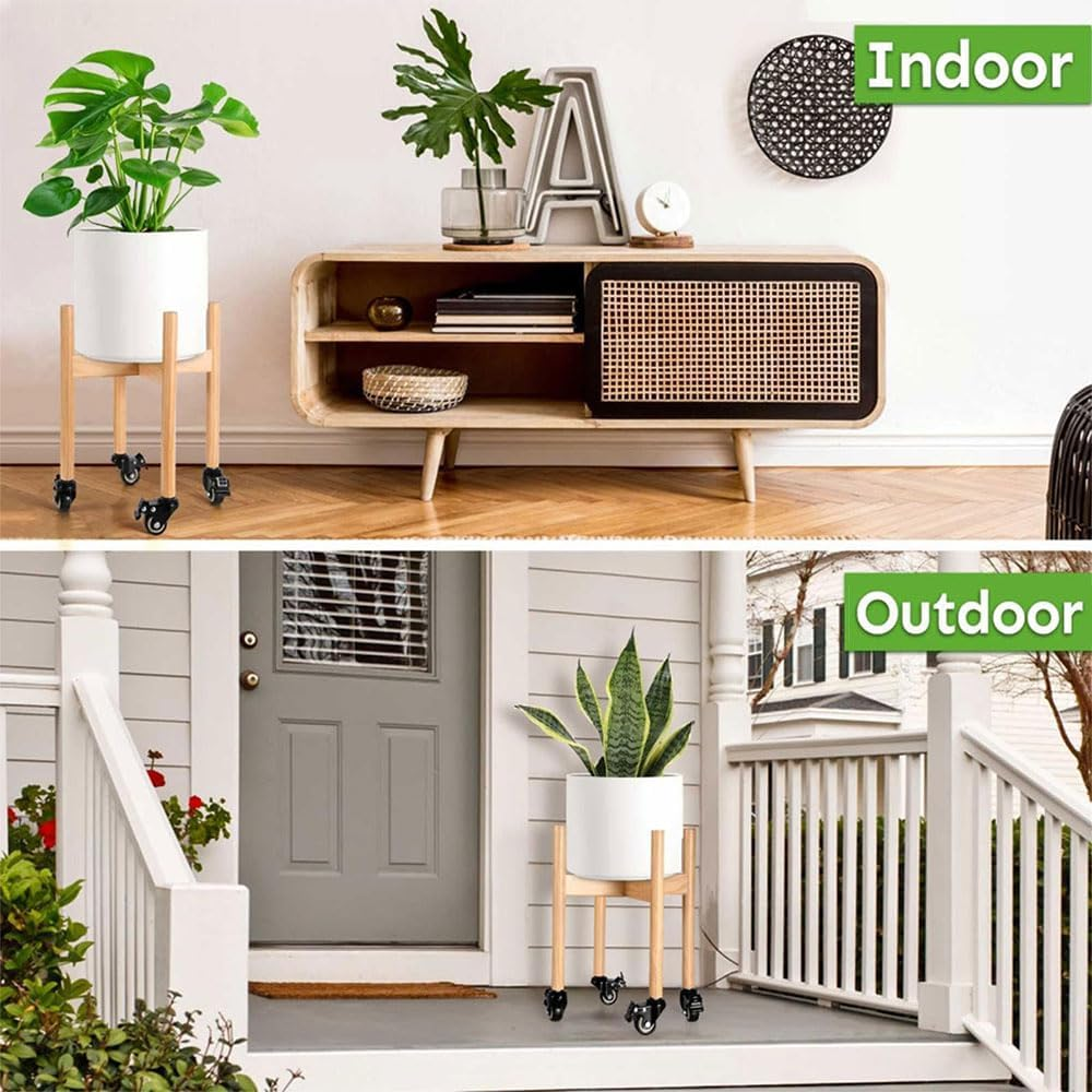 Wood Plant Stand with Wheels &ndash; Movable Plant Holder for 20&ndash;25 CM Pots, Indoor/Outdoor Rolling Flower Rack with Lockable Casters (Natural, 26 X 26 X 30 CM) image number 4