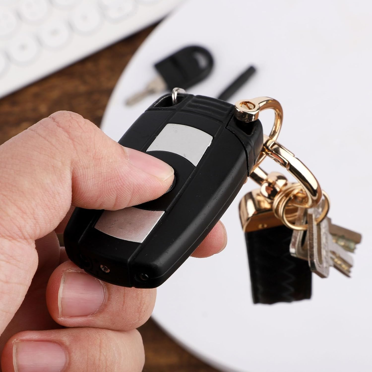 Genuine Leather Car Keychain, Car Key Chain Key Fob Holder with Anti-Lost D-Ring Keyrings and Screwdriver for Men Women Birthday Gift, Black, Large image number 5