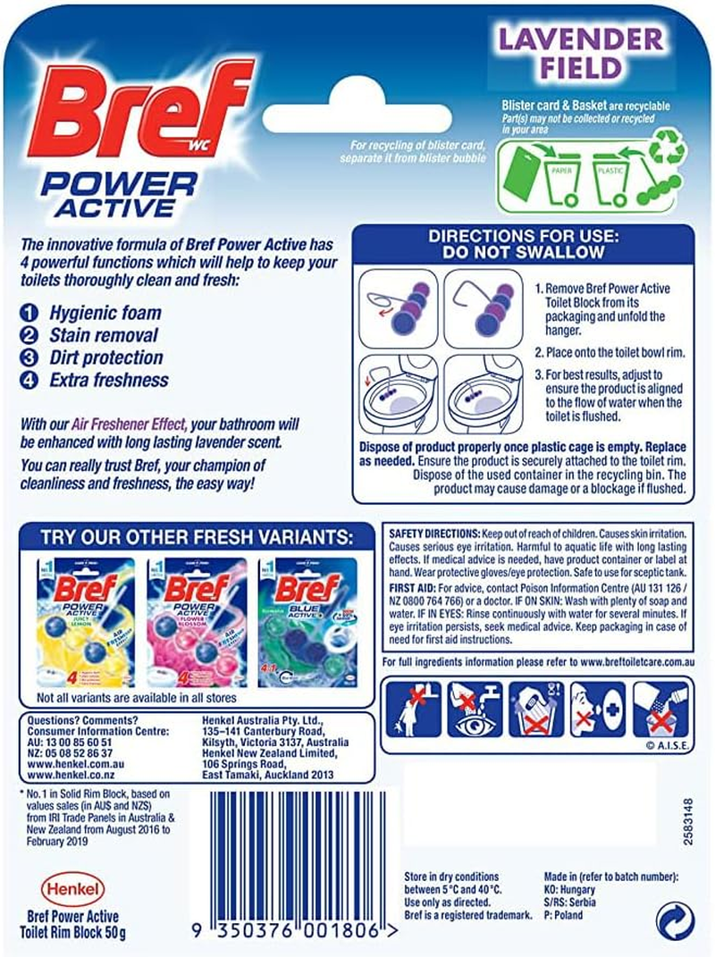 Bref Power Active with 4 Function Formula Toilet Foaming Cleanser (50G), Toilet Freshener with Lavender Scent, Hanging Toilet Bowl Cleaner to Deep Clean Toilet (Pack of 2) image number 6