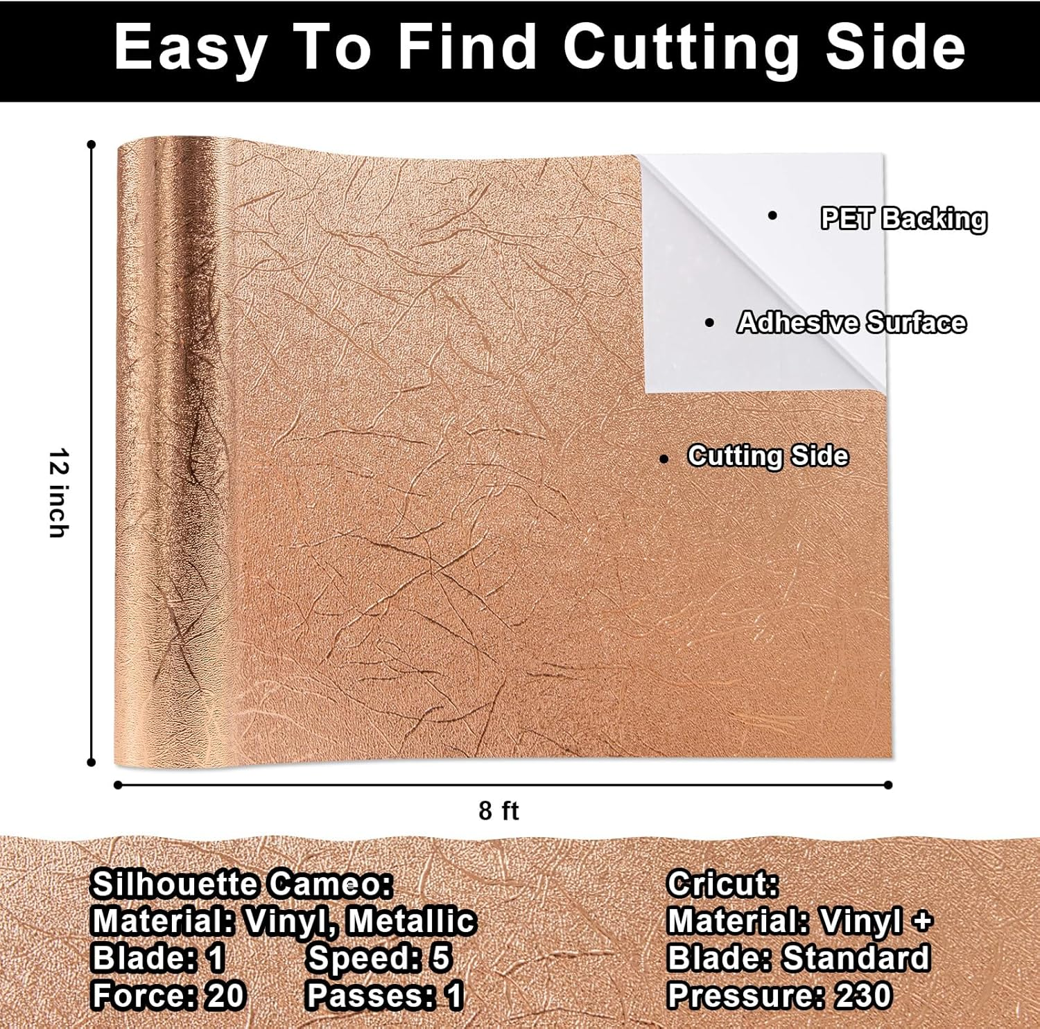 VINYL FROG Tree Texture Adhesive Vinyl Roll, 12" X6Ft Rose Gold, Permanent Craft Vinyl, Metallic Foil Sticker for Crafts, Home Decor image number 3