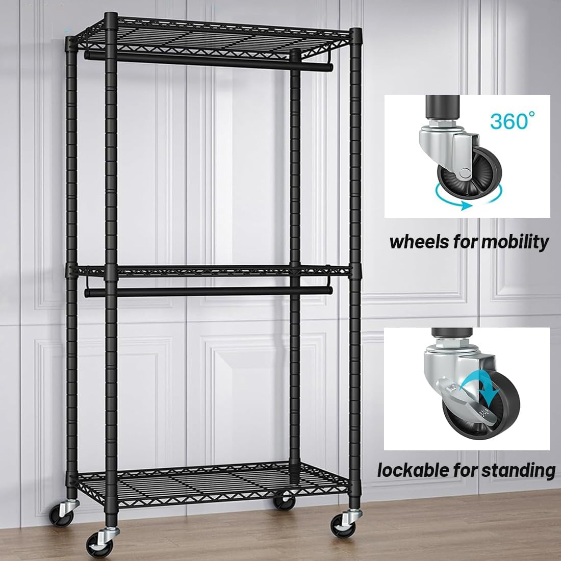 Rolling Clothes Rack,Heavy Duty Garment Rack,Adjustable Shelves and Hanging Rods, Multi-Functional Clothing Rack for All Kinds of Clothes Storage.Expandable Wardrobe and Closet Organizer. image number 1