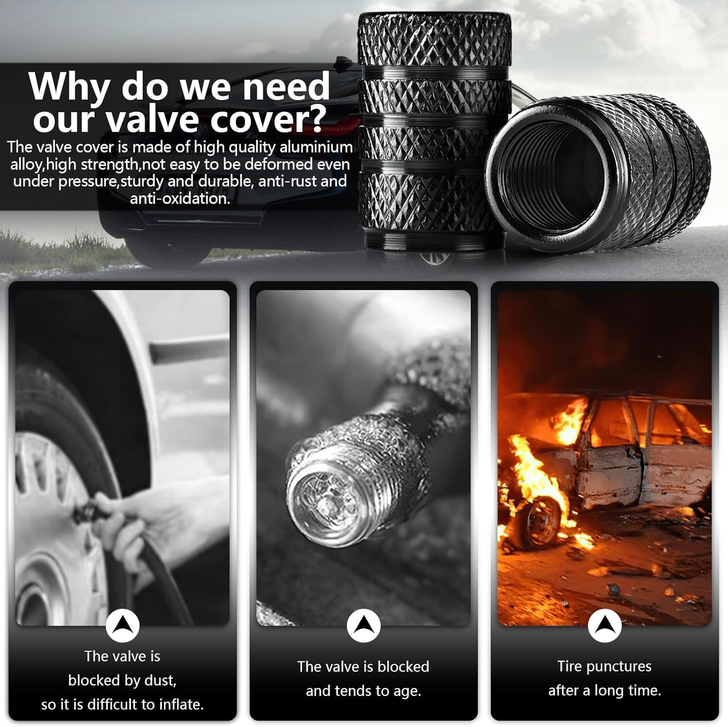 Valve Stem Caps, 8 Pcs Tire Valve Caps, Anodized Aluminum Valve Stem Caps for Cars, Bikes, Trucks, SUVS, Motorcycles (Color：Black) image number 6