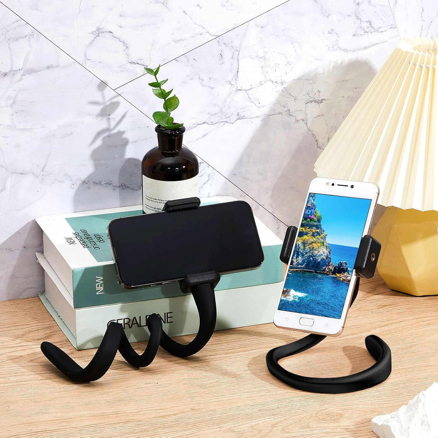 Amylove 2 Pcs Stroller Phone Holder Portable Cell Phone Holder Stand Universal Stroller Accessories for Parent Baby Toddler Cellphone Clamp with Non Slip Silicone Arm Grip(Black,Novel) image number 3