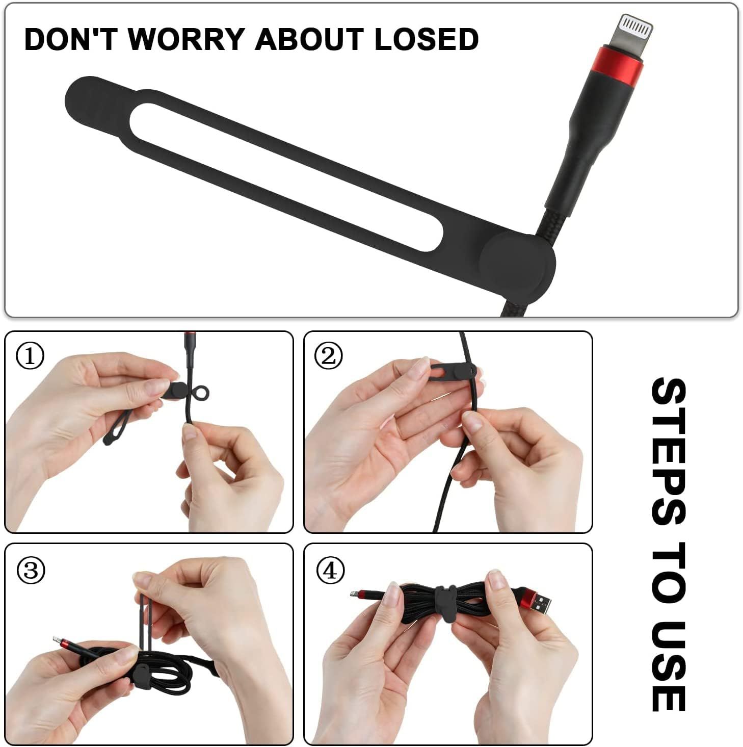 Cable Ties, Silicone Cable Straps Wire Organiser for Earphone, Phone Charger, Mouse, Audio, Computer, Reusable Fastening Cable Ties Cord Organizer in Home, Office, Kitchen, School(Black), Pack of 10 image number 2