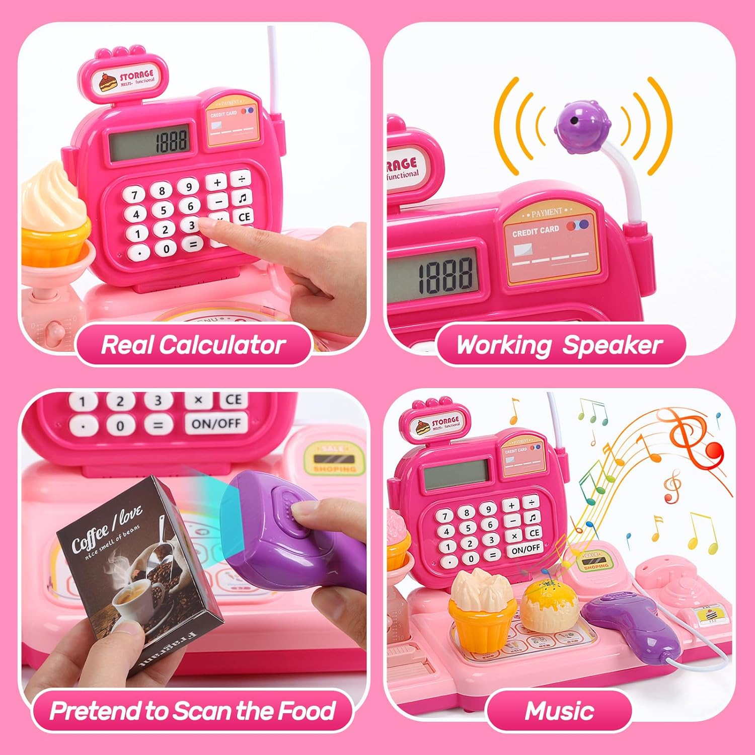 CUTE STONE Kids Toy Cash Register with Scanner & Play Food, Pretend Play Store Set with Real Calculator, Lights & Sounds， Interactive Play Cash Register for Toddlers Boys & Girls (Pink)