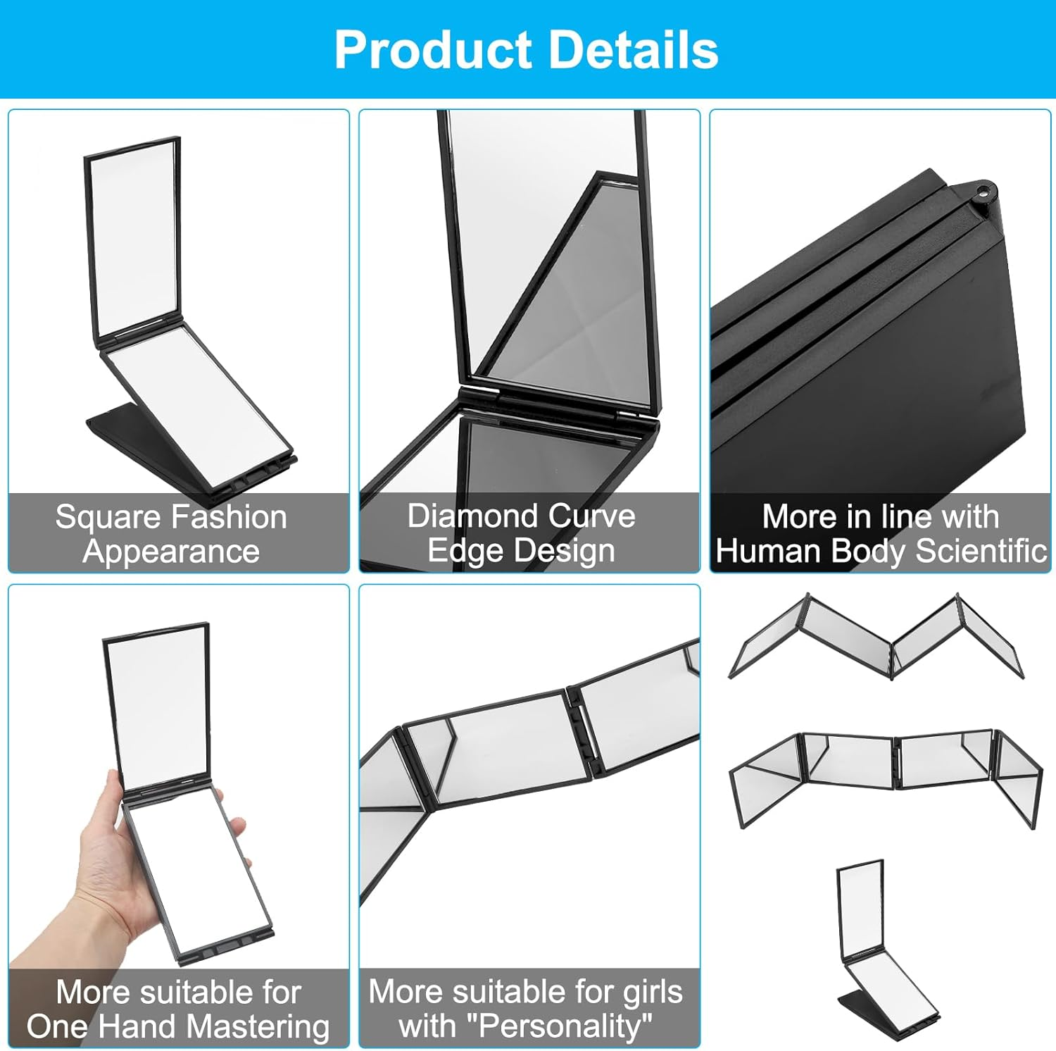 360 Degree Mirror, 4-Way Mirror, Cosmetic Mirror, Small Travel Mirror, Folding Hand Mirror, High Resolution, Deformation-Free Pocket Mirror, for Make-Up, Hair Self Cutting