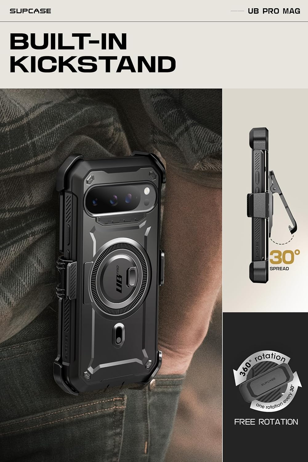 SUPCASE for Google Pixel 9 Pro XL Case with Stand (Ubpro Mag), [Support Magsafe] [Built-In Screen Protector & Belt Clip] [Military-Grade Protection] Magnetic Phone Case for Pixel 9 Pro XL, Black