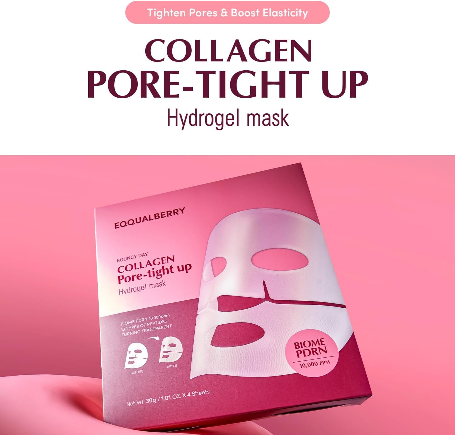 EQQUALBERRY Collagen Pore-Tight up Mask - PDRN & Low Molecular Collagen for Pore Minimizing and Firming | Korean Face Mask for Glass Skin, 4 Sheets, 1.01 OZ.