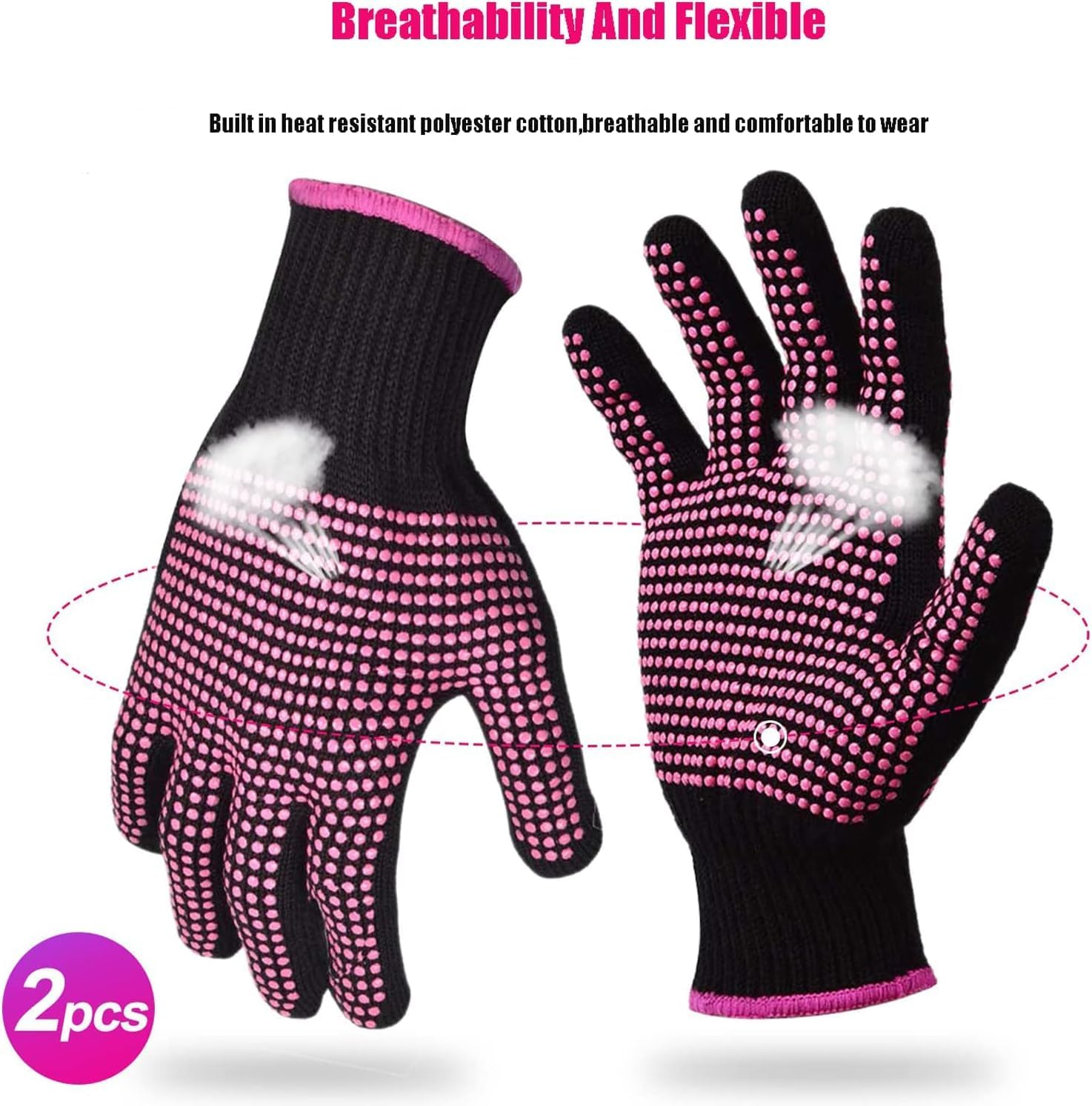 2Pcs Professional Heat Resistant Glove with Silicone Bumps for Hair Styling Curling Iron Wand Flat Iron Hot-Air Brushes Prevent Palm Burns image number 5