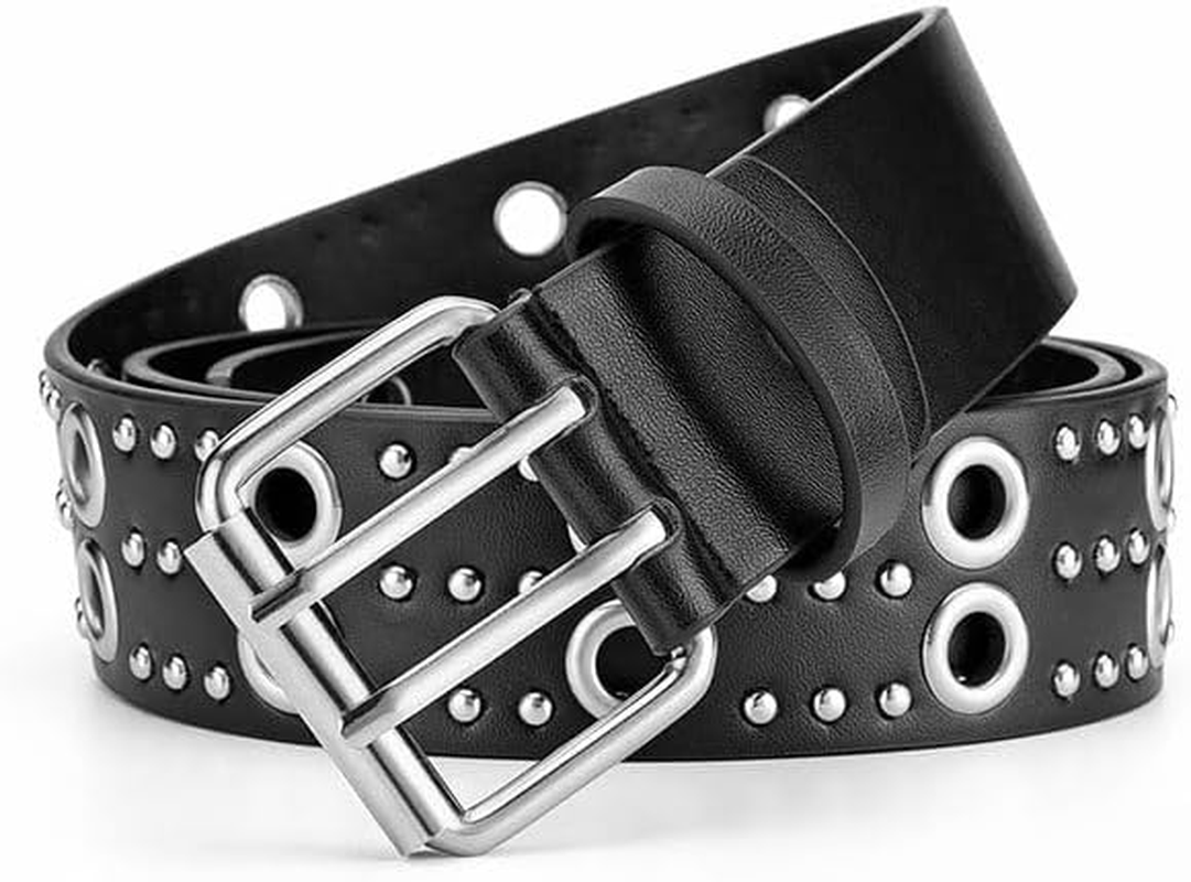 Y2K Punk Studded Leather Belt for Women Men Goth Emo Grunge Rock Double Buckle Belt Western Jean Clothes Accessories image number 6
