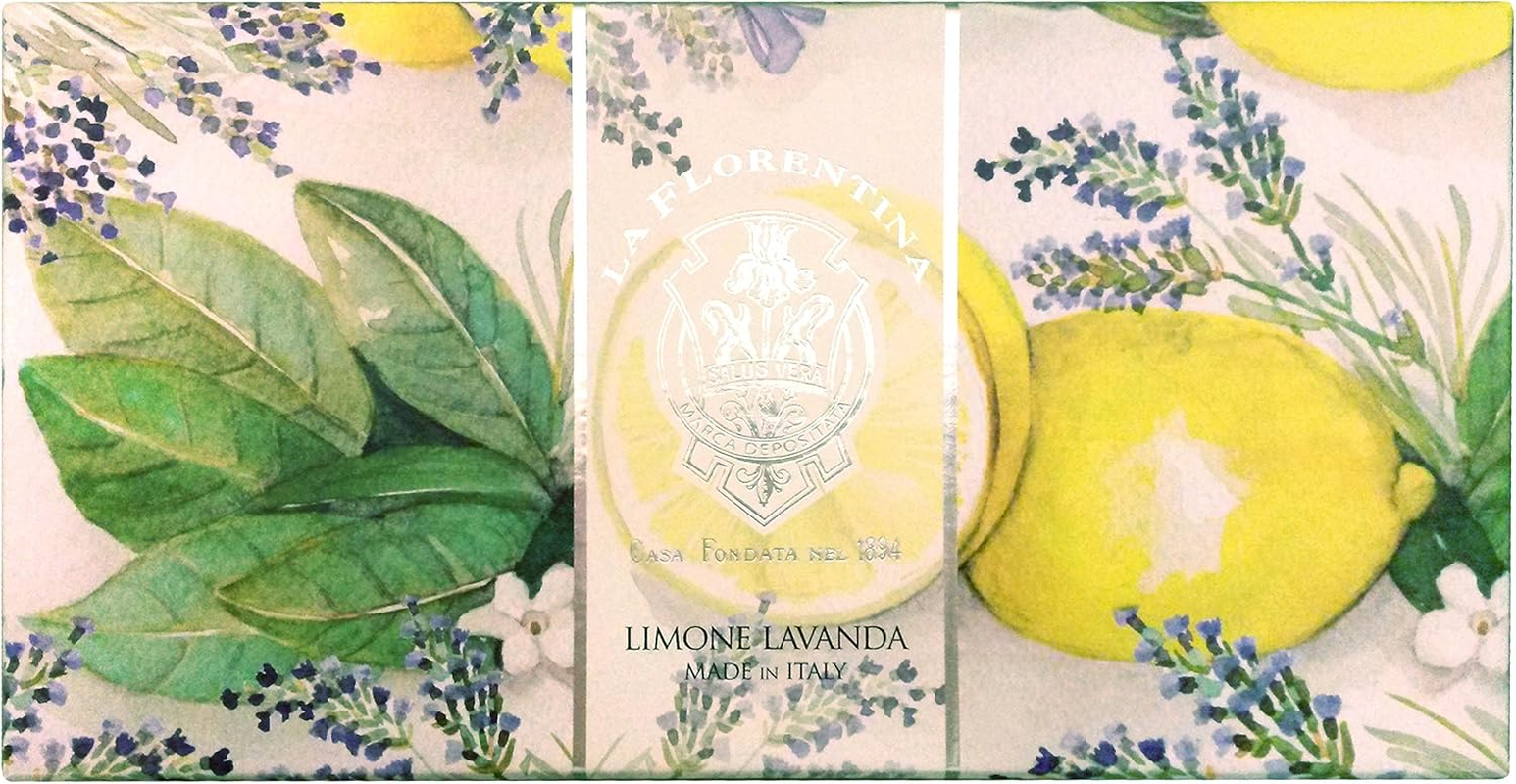 La Florentina:"Limone Lavanda" Bar Soaps, Lemon Lavender Scent,"Bellosguardo" Collection - Pack of 3 Soaps, 5.3 Ounces (150G) Each, Gift Box [ Italian Import ]