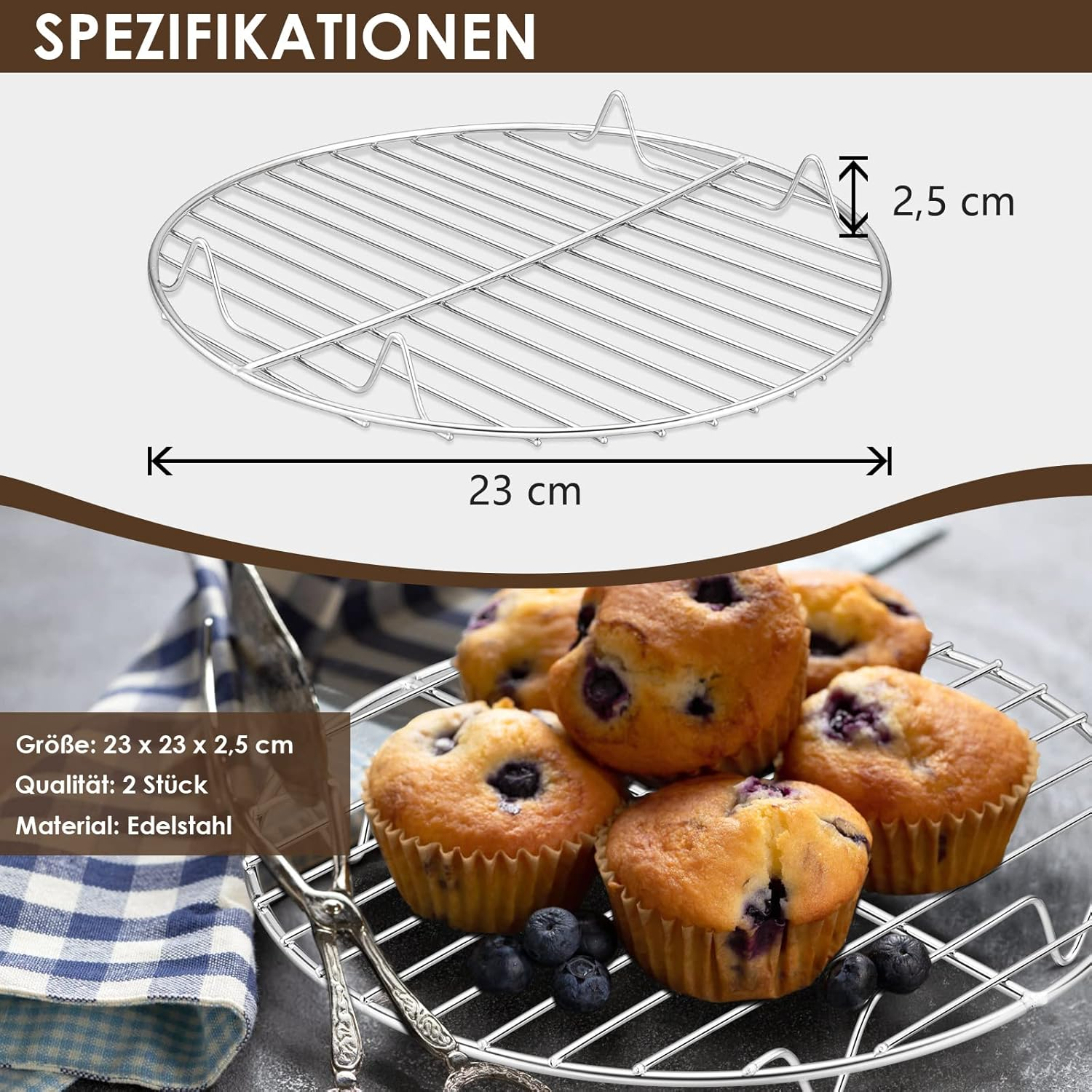 Herogo Cake Rack, Pack of 2 Cake Rack, Cooling Rack Made of Stainless Steel, round Cooling Rack for Cooling, Baking, Cooking, Steaming, Rustproof & Smooth Edge, Oven and Dishwasher Safe, Metal Silver, Diameter 23 Cm image number 6