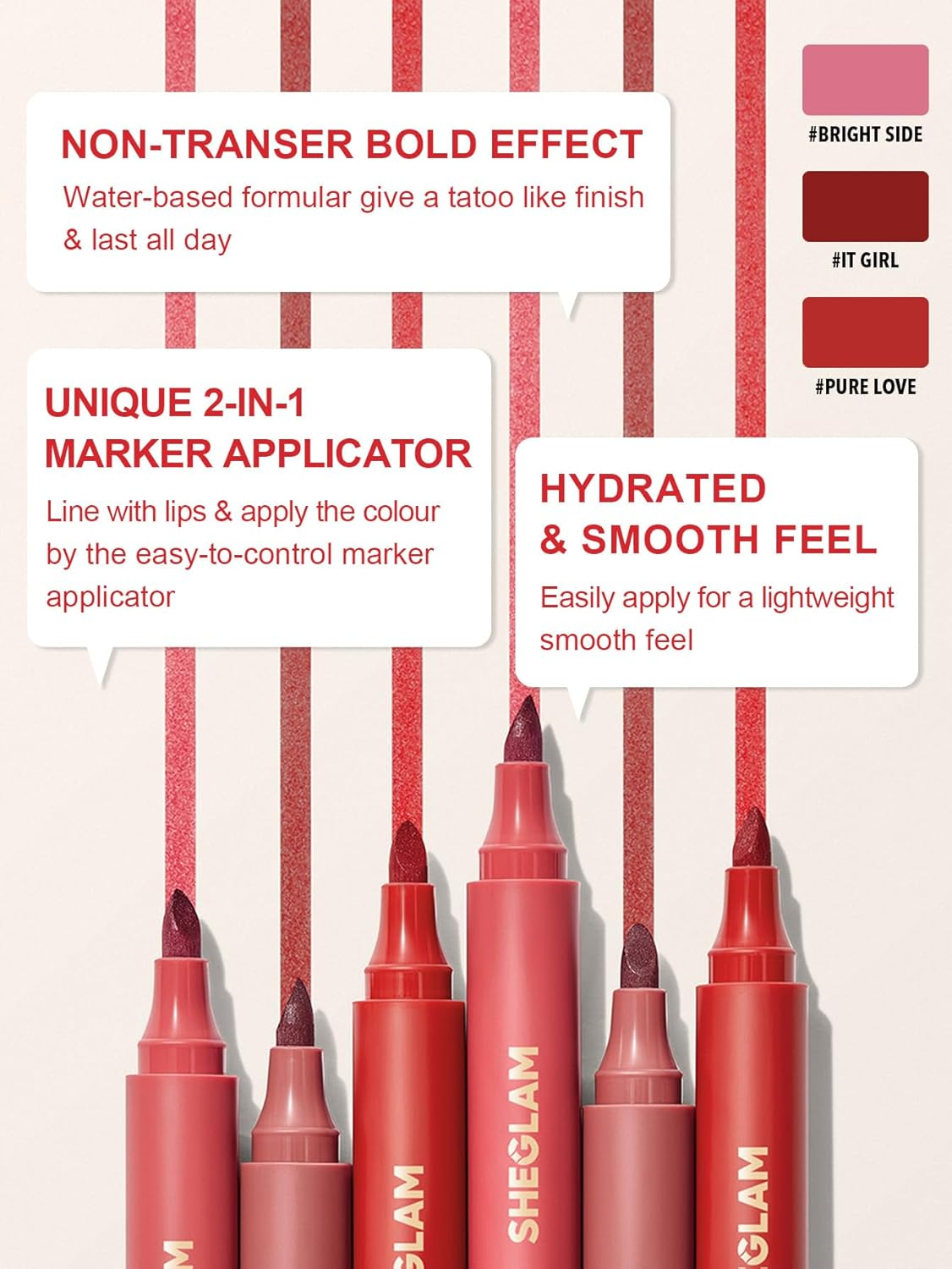 SHEGLAM Love Stained Lip Tint Marker Matte Red Lip Stain Pen Highly Pigmented Long-Lasting Lip Liner Contour Tint Lip Makeup-It Girl - Bright Side image number 3
