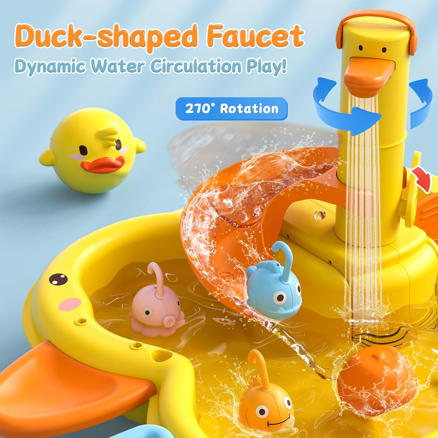 3-In-1 Play Sink with Running Water, Kids Kitchen Sink Toys with Electric Duck Faucet, Pretend Play Kitchen Accessories, Play Food, Water Slide Track, Pool Floating Fishing Game Boys Girls image number 3