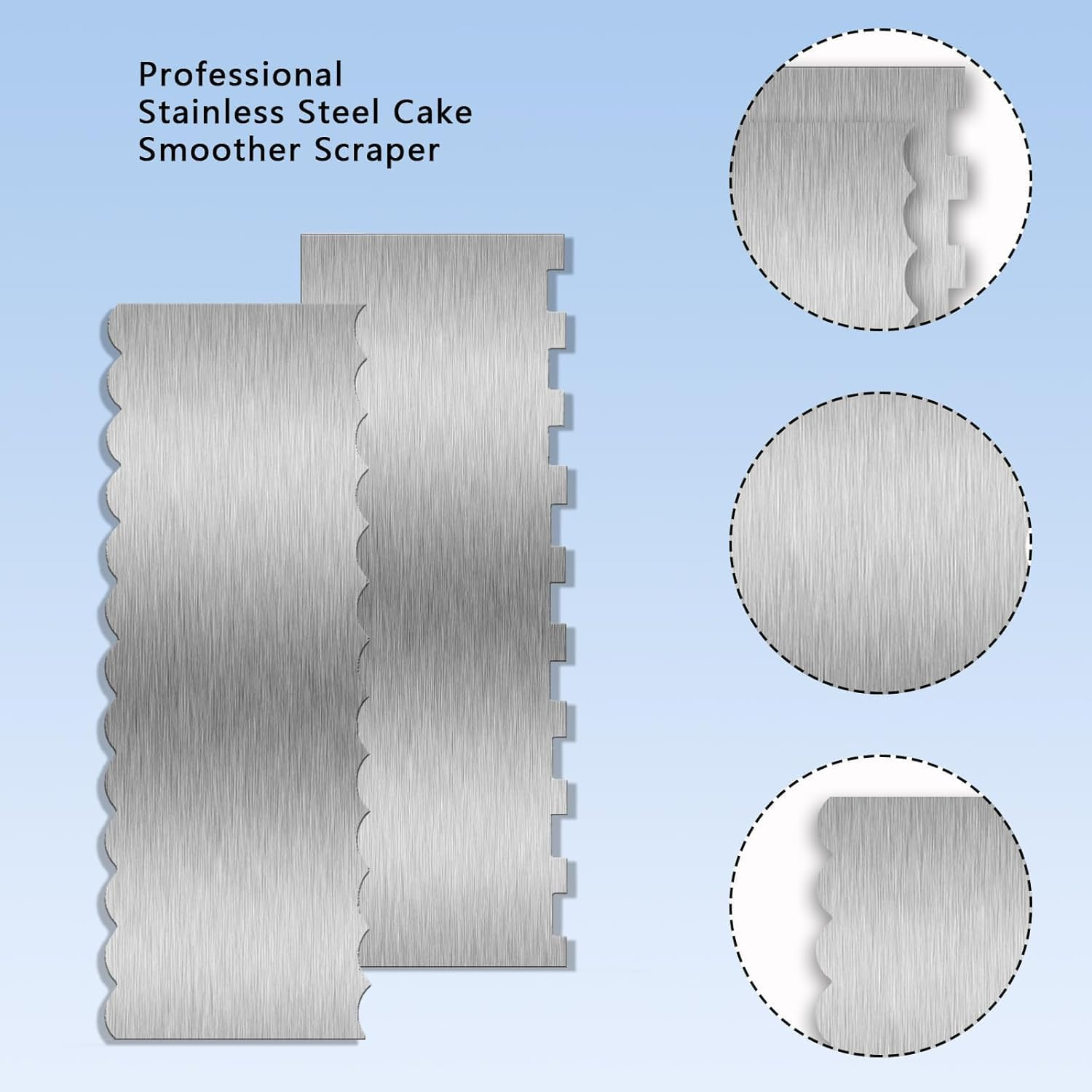 2 Pieces Stainless Steel Cake Scraper with Double-Sided Patterned Edge and Stripe Design ， Perfect Smoother and Decorating Comb for Mousse, Buttercream, and Cream Cake Decoration (Silver) image number 4