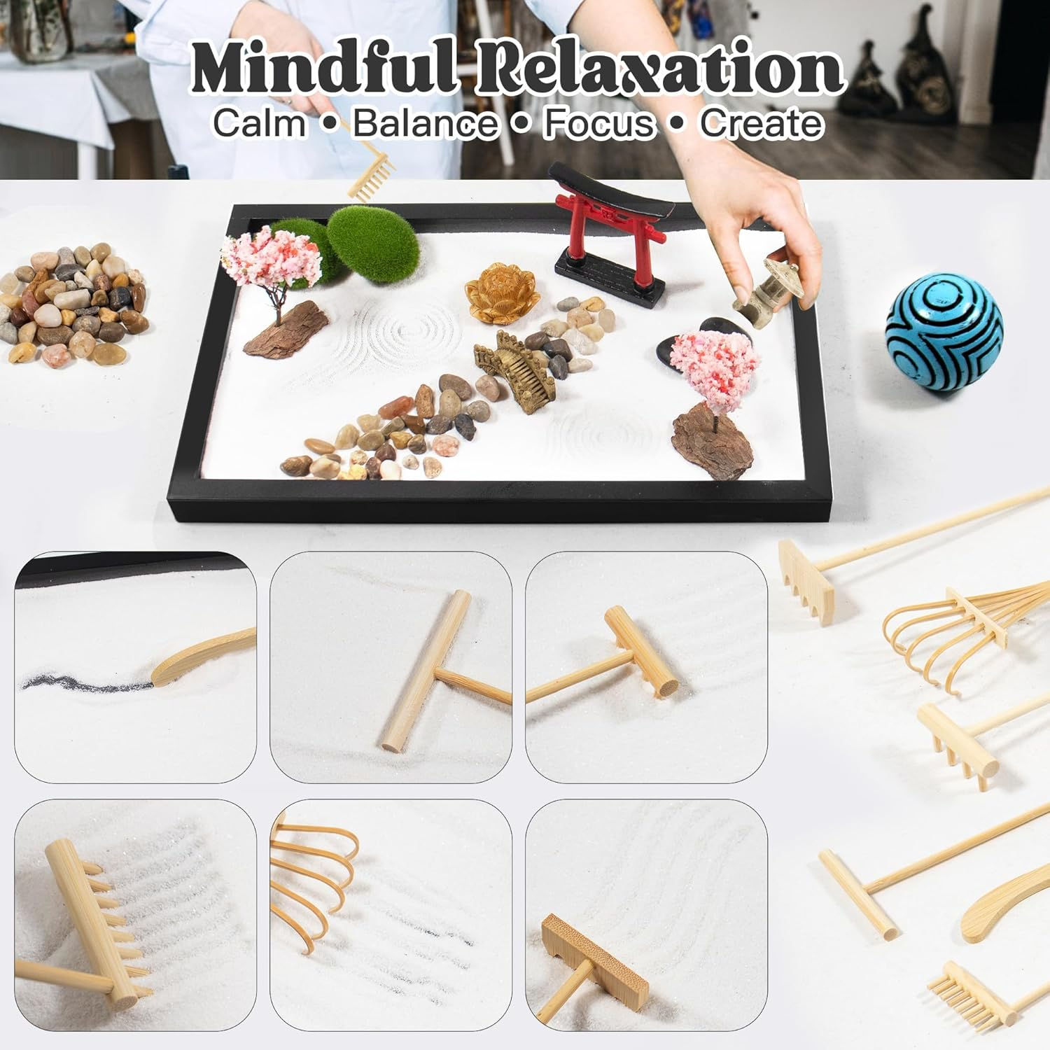 Zen Garden Kit for Desk Decor &ndash; Japanese Mini Zen Sand Garden with 10+ Tools & Accessories, Bamboo Rakes, Torii Gate, Incense Holder & Gift Box &ndash; Stress Relief Desk Ornament for Home & Office image number 4