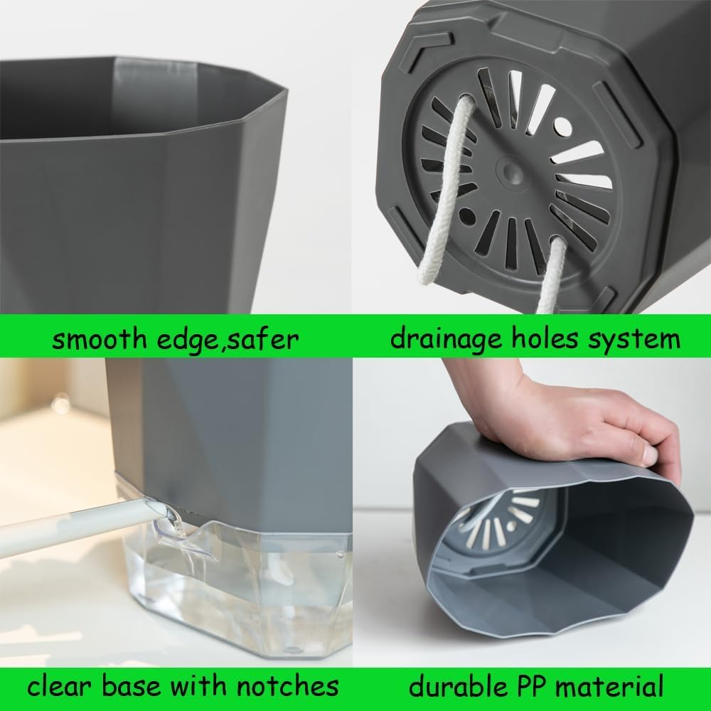 3-Pack Self Watering Planter Pots, 6.7 Inch Plastic Planters with Drainage Holes, Cotton Rope and Trays, Decorative Flower Pots for Indoor Outdoor Garden Plants (Multicolor)