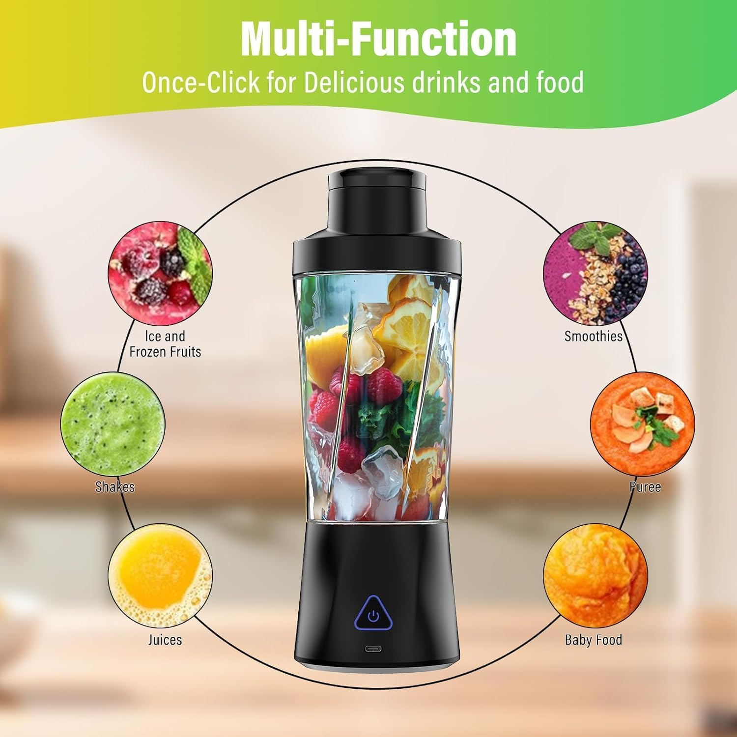 Portable Blender, 360 Watt Personal Blender for Shakes and Smoothies, 6000Mah USB Rechargeable, BPA Free 24 Oz Juicer Cup with 6 Blades and Lid, Self Cleaning Portable Juicer for Kitchen, Black image number 3