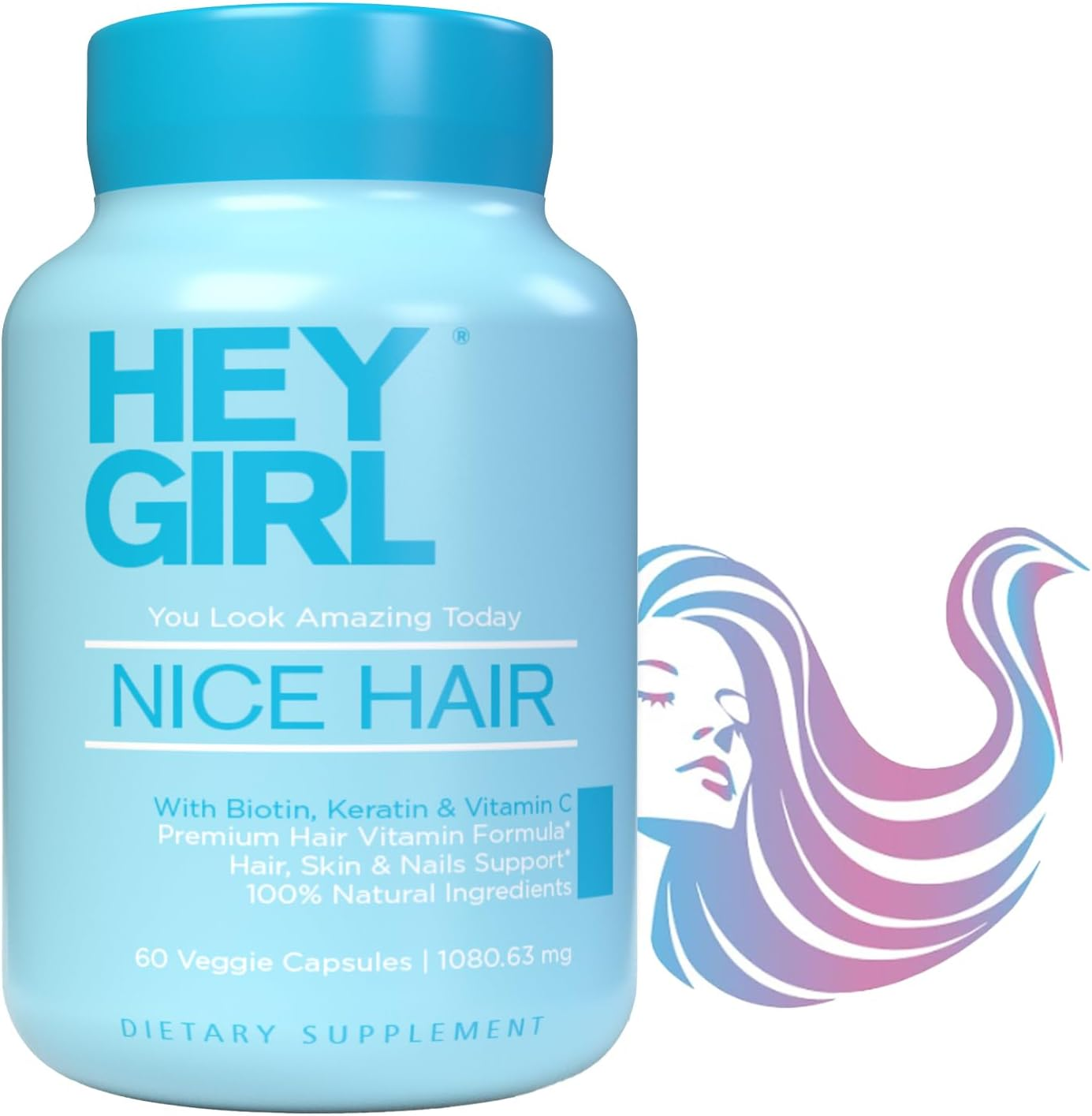 Hey Girl Nutrition Nice Hair - Hair Growth Vitamins for Healthy Strong Hair That Grows Faster | Helps Thinning and Fallout - Scientifically Made with Biotin, Keratin, Folic Acid, Vitamin C & More
