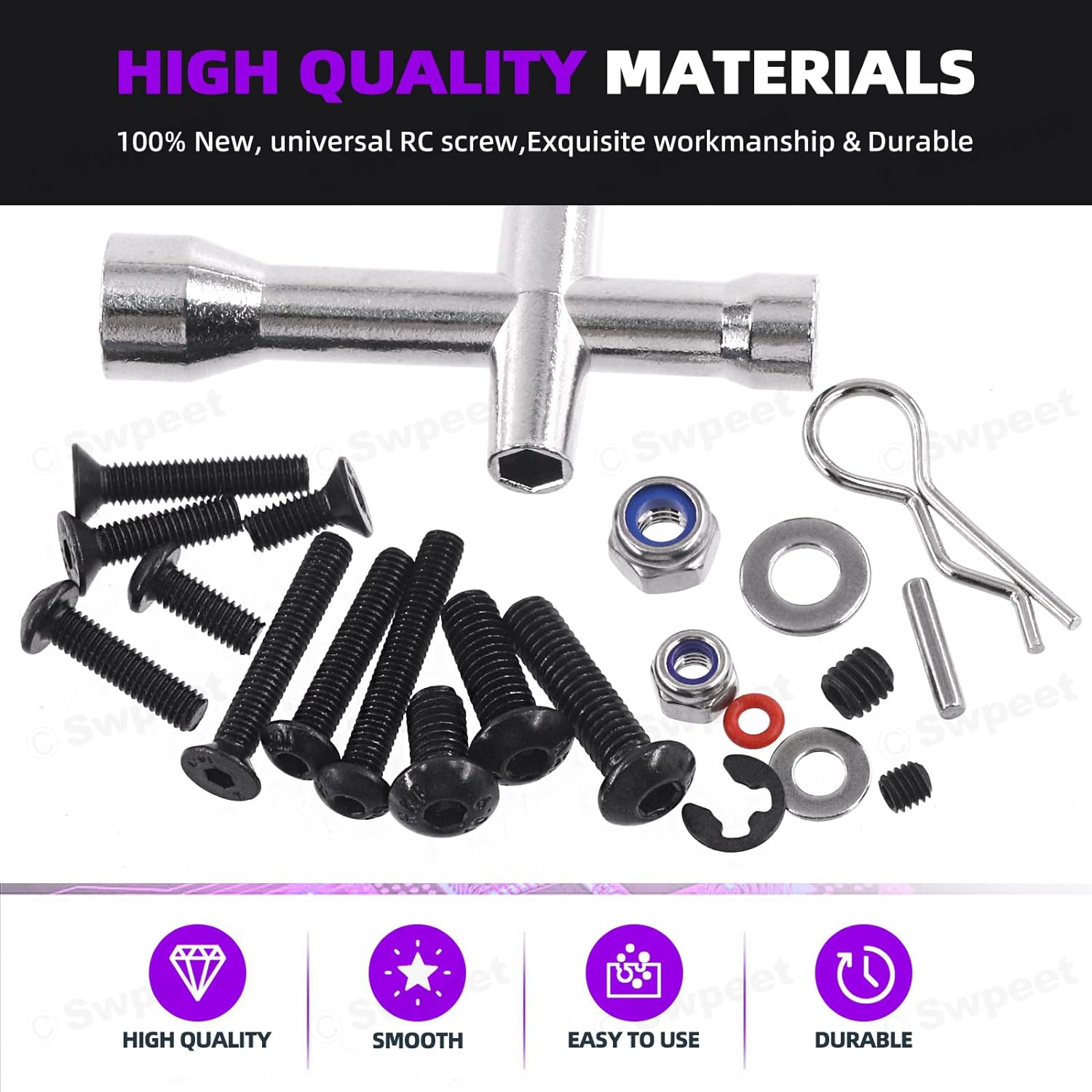 Swpeet 502Pcs Universal RC Screw Kit Screws Assortment Set, Hardware Fasteners Compatible with 1/8 1/10 1/12 1/16 Scale RC Cars, Includes M3&M4 Screws(Flat, round Head, Hex Drive), Flat Washers, Pins