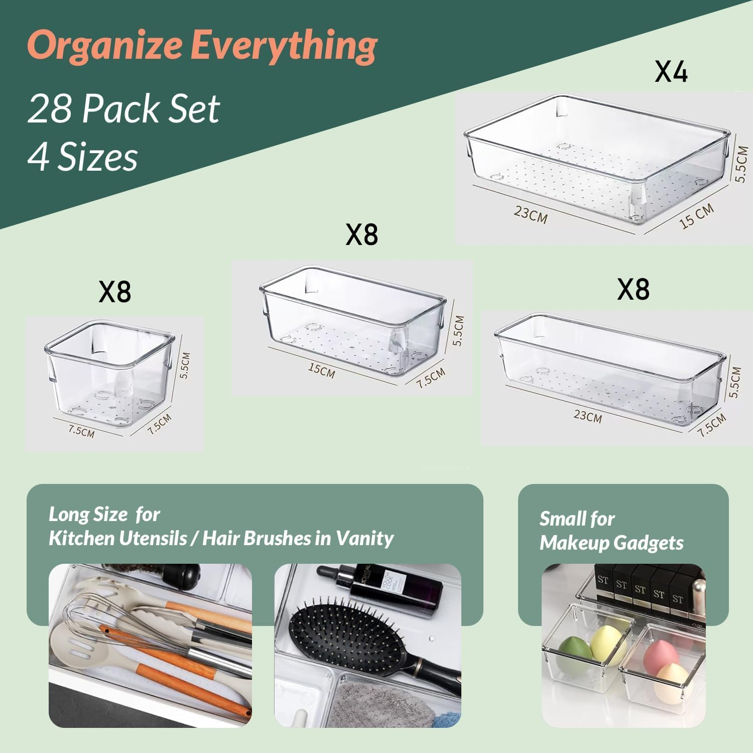 28Pcs Drawer Organisers Set, 4 Sizes Clear Plastic Drawer Organizer & Vanity Organiser for Makeup & Jewelry Storage, Kitchen Utensils & Gadgets, Desk Supplies, Bathroom & Bedroom Organisation image number 3