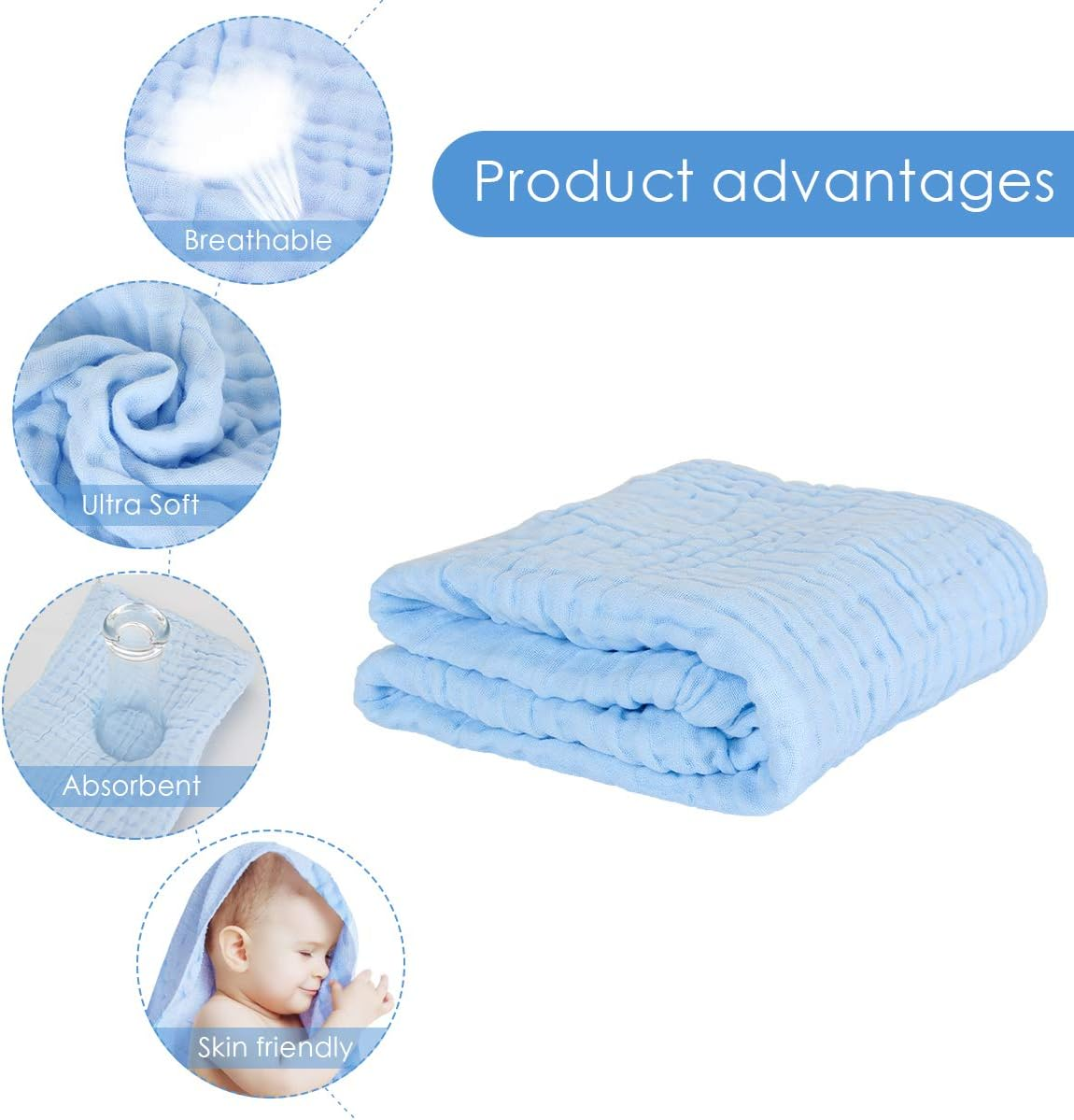 Muslin Baby Towel Super Soft and Absorbent Cotton Baby Bath Towels 2 Pack 6 Layers Infant Newborn Blanket Toddler and Kids Large 40 X 40Inches (Blue & White) image number 4