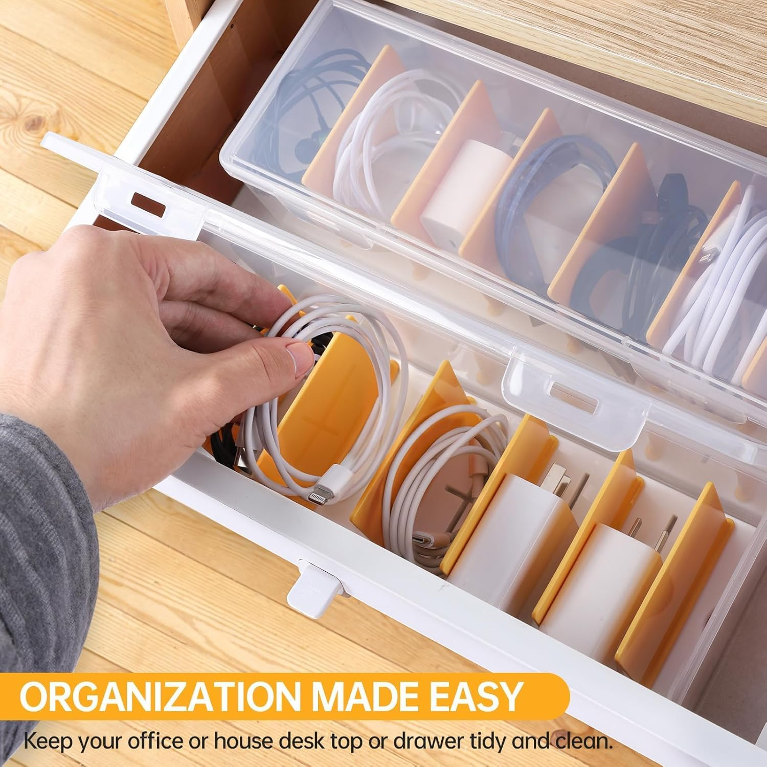 Clear Cable Organizer Box with Lid, Stackable Storage Container for Chargers and Cords, Office Desk Accessories (2) image number 2