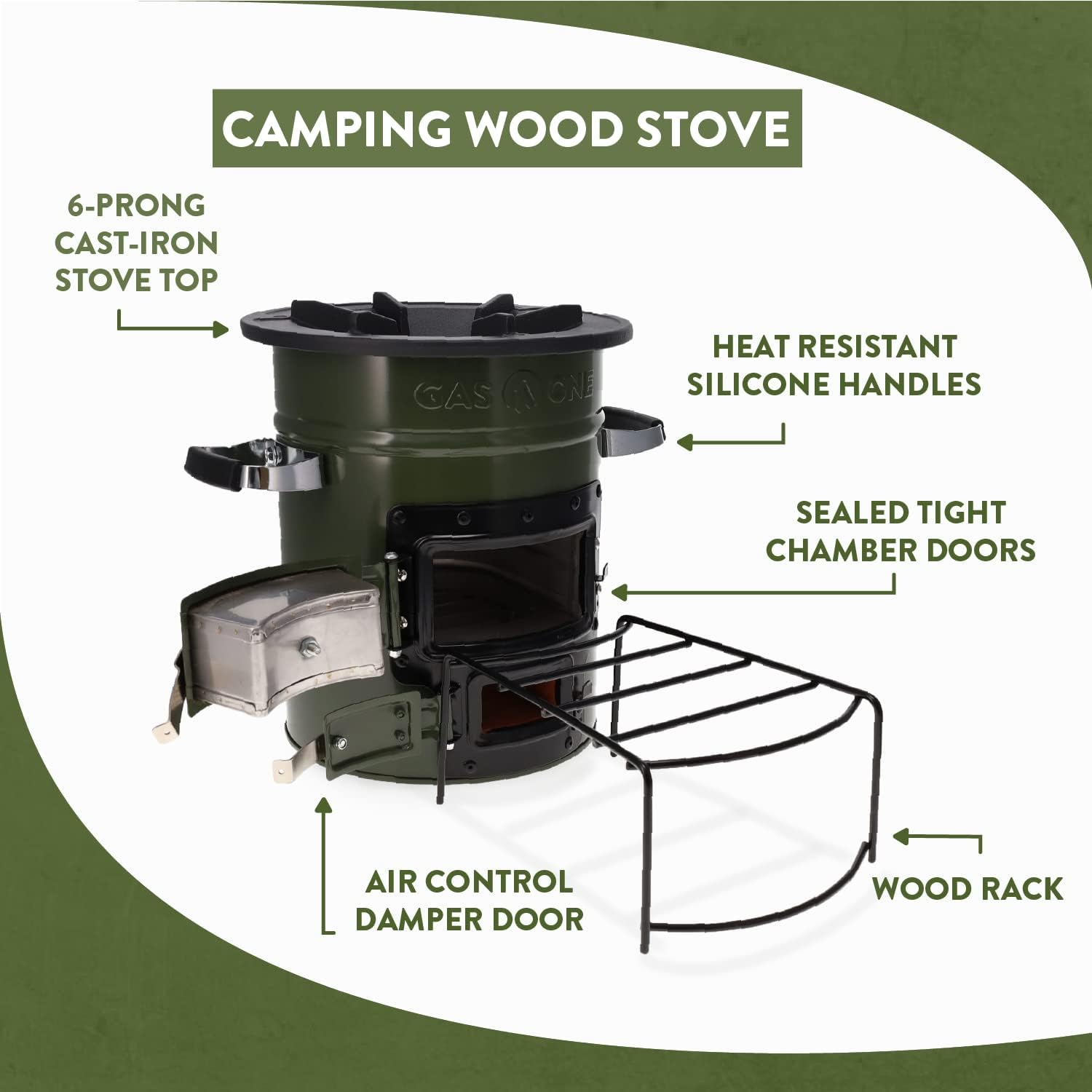 GASONE Rocket Stove &ndash; Premium Wood Burning Camping Stove &ndash; Insulated, Multi-Fuel (Wood, Charcoal, Solid Fuel) &ndash; Cast Iron Top &ndash; Portable, Compact &ndash; Ideal for Backpacking, Hiking, RV, Survival