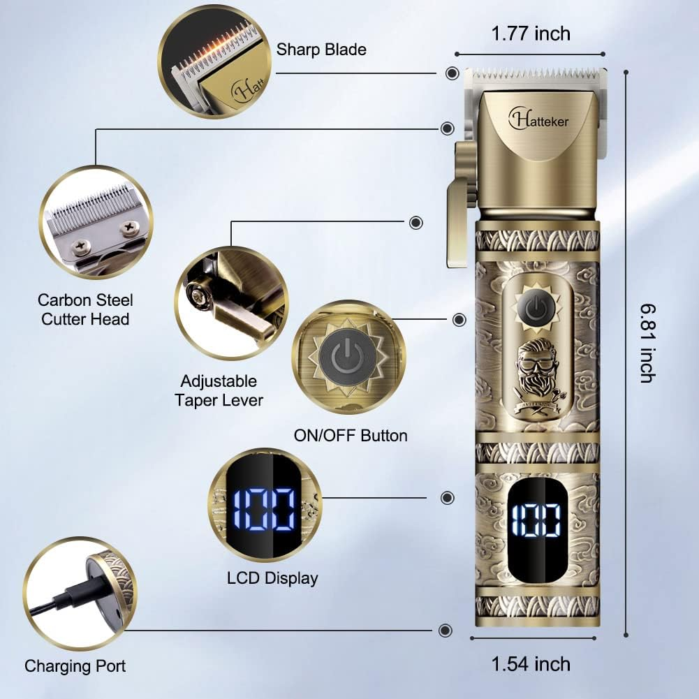 Hatteker Professional Hair Clipper and T-Blade Trimmer Set for Men, Cordless Rechargeable Barber Clipper Beard Nose Hair Trimmer Multipurpose Grooming Kit LED Display(Gold) image number 1
