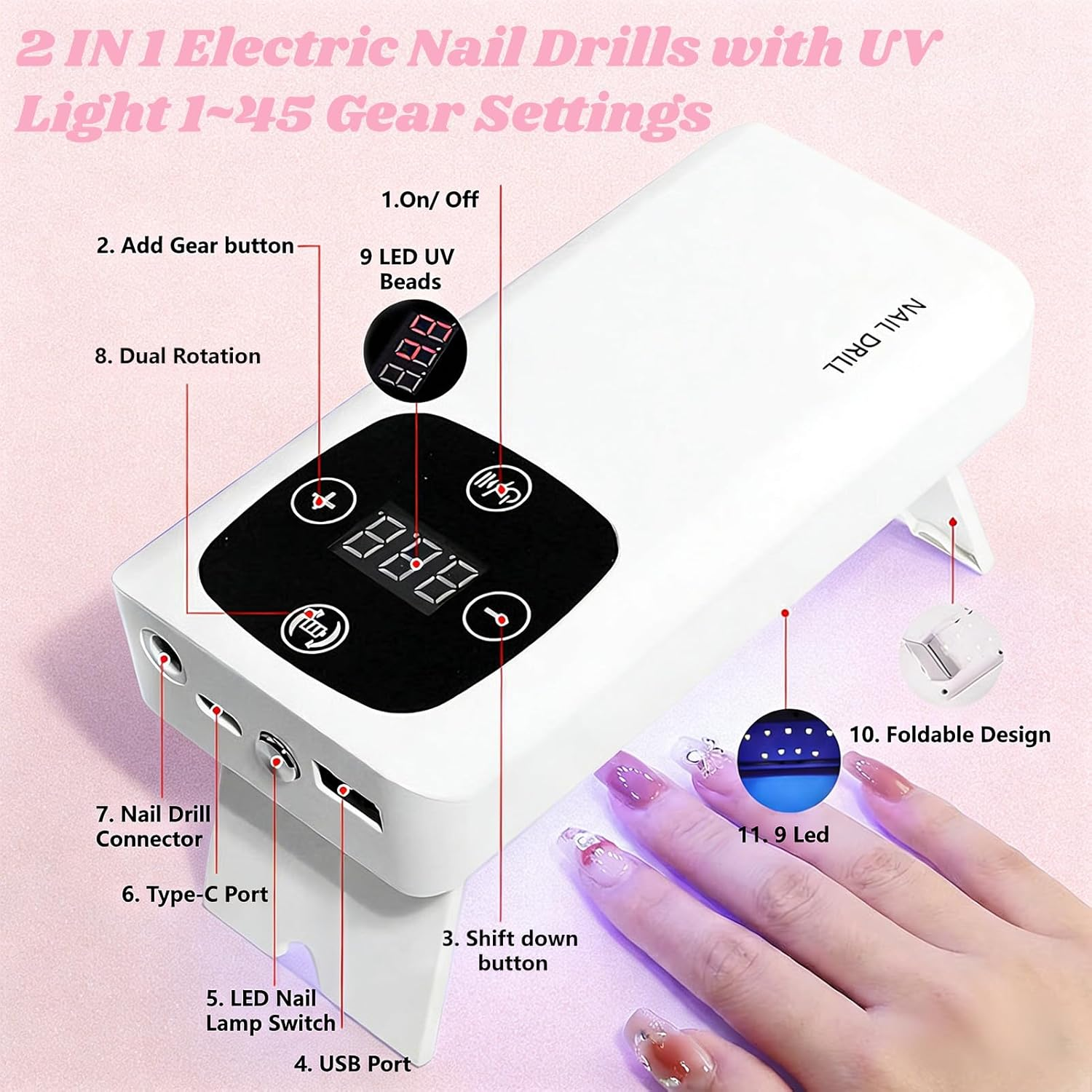 Vautvis Electric Nail File, Nail Cutter for Gel Nails, 2-In-1 Professional Electric Nail Cutter, 45000 Rpm, Manicure Set, Electric Nail File, Gel Nails and Acrylic Nails image number 4
