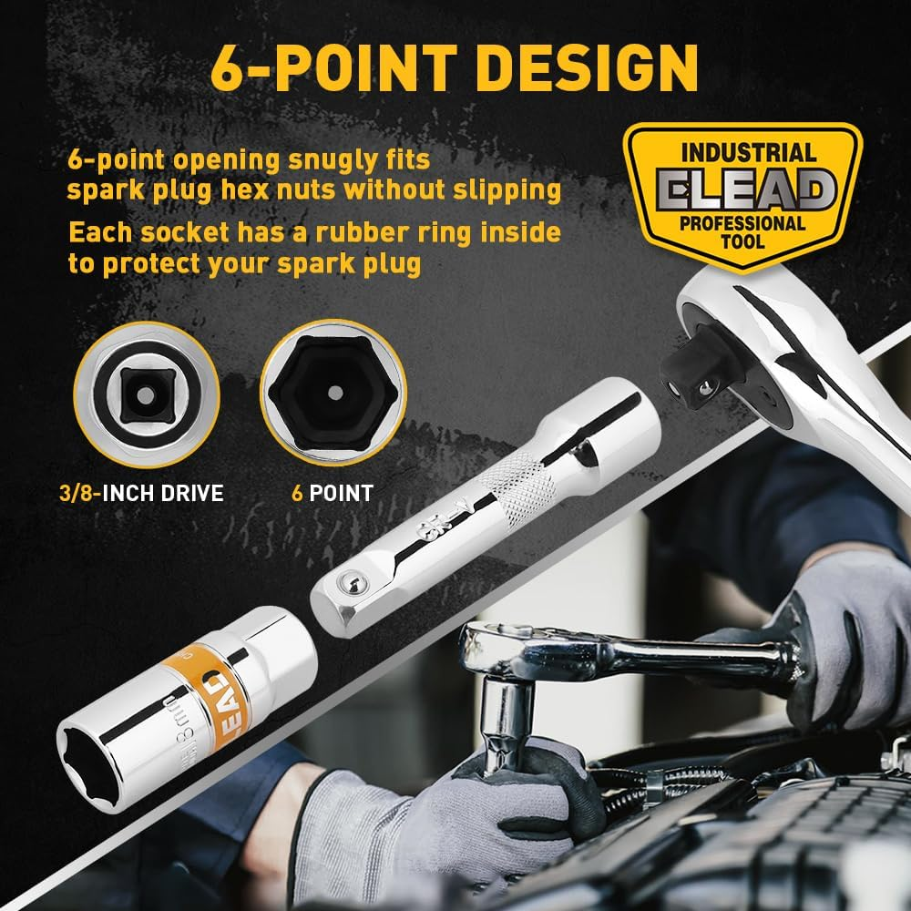ELEAD 12-Piece 3/8" Drive Spark Plug Socket Set with Ratchet Handle, Universal Joint, Spark Plug Gapper & Extension Bar, 9/16", 5/8", 3/4", 13/16", 14Mm, 18Mm, CR-V Sockets with Rubber Holding Rings image number 3