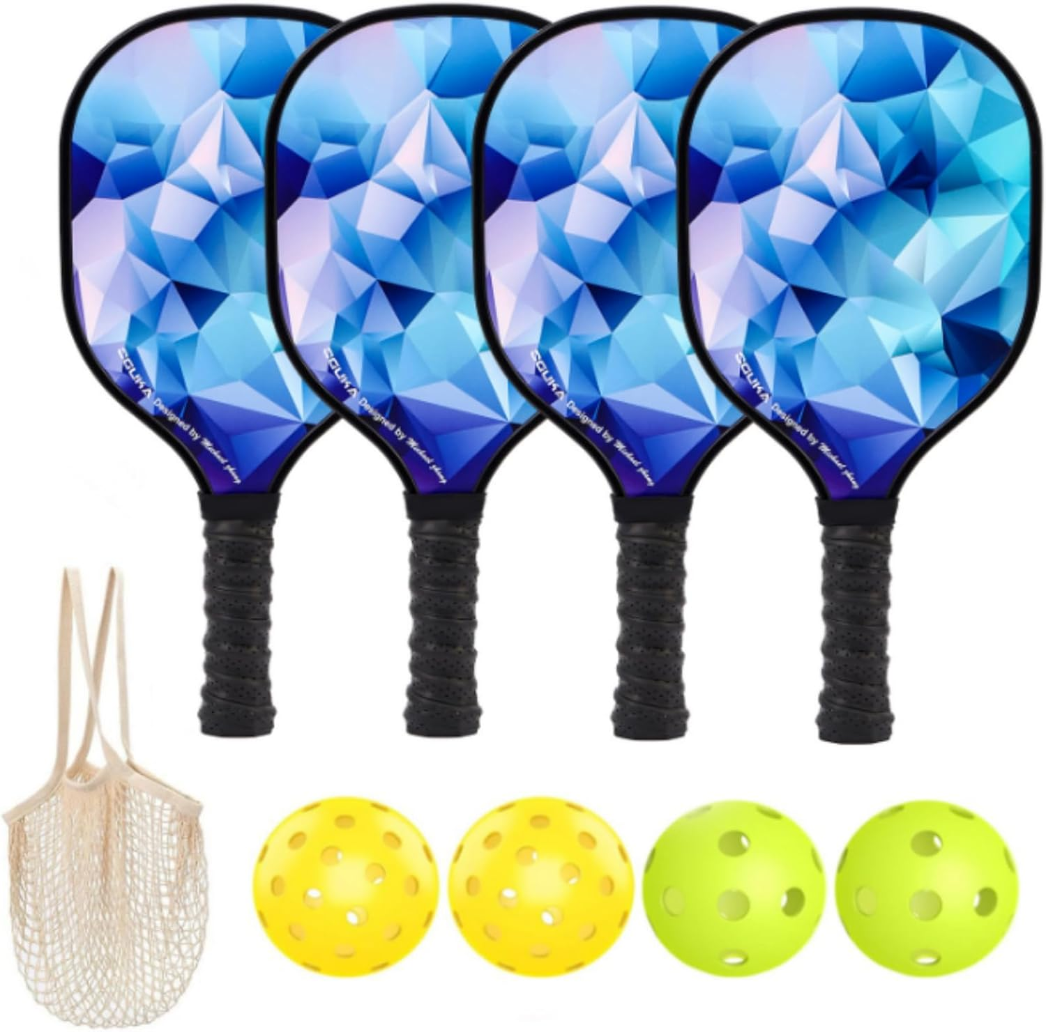 Premium Wood Pickleball Set - 4 Paddles, 4 Balls, Ergonomic Cushion Mesh Storage Bag - Gifts for Beginner and Pro image number 1