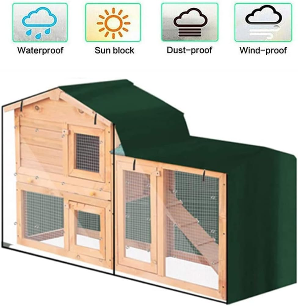 Bunny Hutch Cover COOSOO Triangular Dust-Proof Rabbit Cage Cover 420D Oxford Waterproof Dust Proof Pet Cage Cover with Zippers Poultry Cage Accessory Rabbit Cage Cover for Backyard Garden Winter (147&times;52&times;86Cm, Green) image number 2