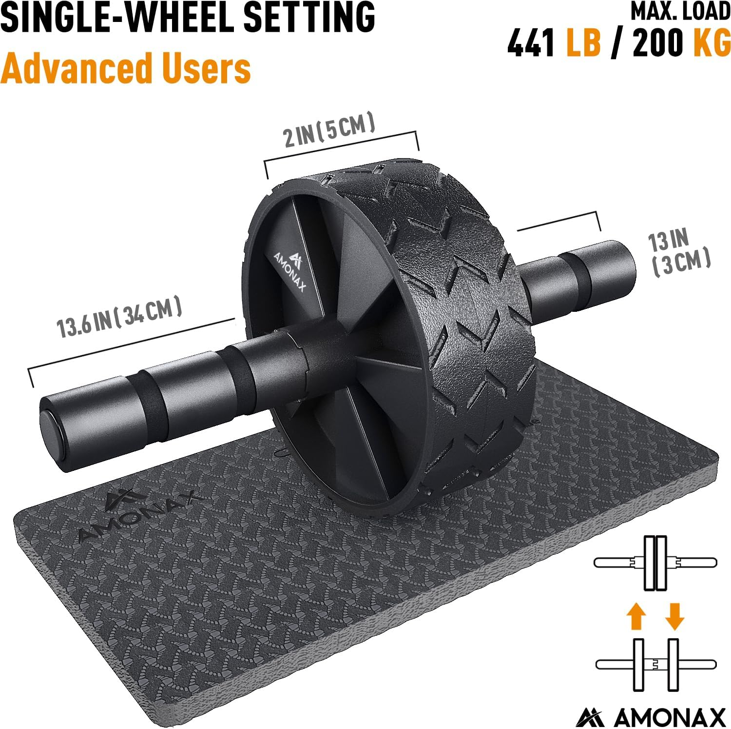 Amonax Convertible Ab Wheel Roller with Large Knee Mat for Core Abs Rollout Exercise. Double Wheel Set with Dual Fitness Strength Training Modes at Gym or Home