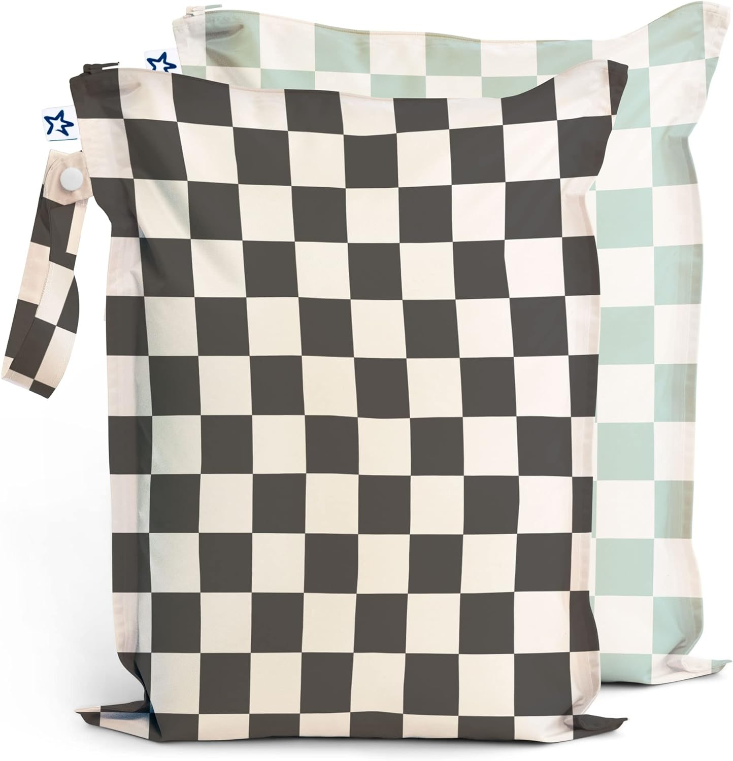 Tiny Twinkle Mess-Proof Wet Bags 2 Pack Waterproof and Washable Bag for Travel Storage, Stroller, Daycare, Baby Diapers, Yoga, Beach, Pool, Wet Toddler Swimsuits (Black, Green Checkers)