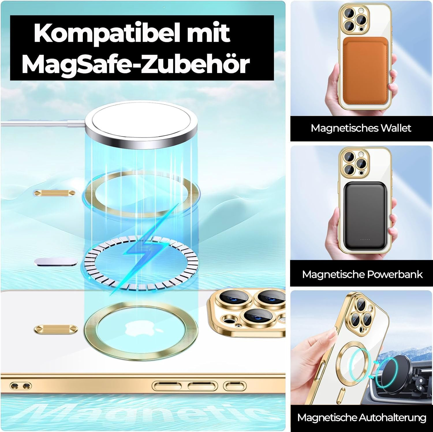 COVRELLA Iphone 16 Pro Max Case Gold, Magnetic & Transparent - Mobile Phone Case with Camera Protection & Lens Protection - Compatible with Magsafe - Shockproof & Scratch Resistant image number 1