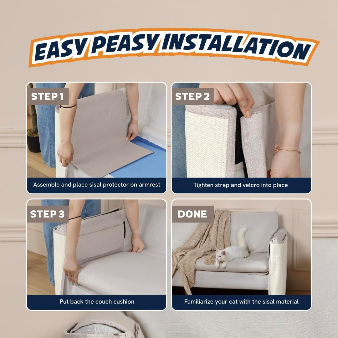 PANTHER ARMOR Cat Scratch Couch Protectors [2X Left & Right Arm in Beige] - Natural Sisal Furniture Protector for Cats - Scratching Pads - Couch Covers image number 2