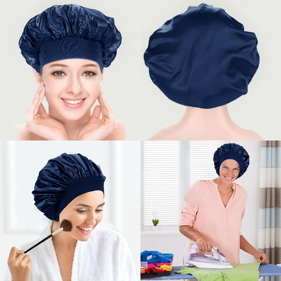 VIVIIHOO Silk Bonnet for Men - Black Satin Silk Bonnet with Adjustable Elastic Band - Soft, Comfortable and Ideal for Sleeping - Large Bonnet for Men and Women (Navy Blue) image number 3